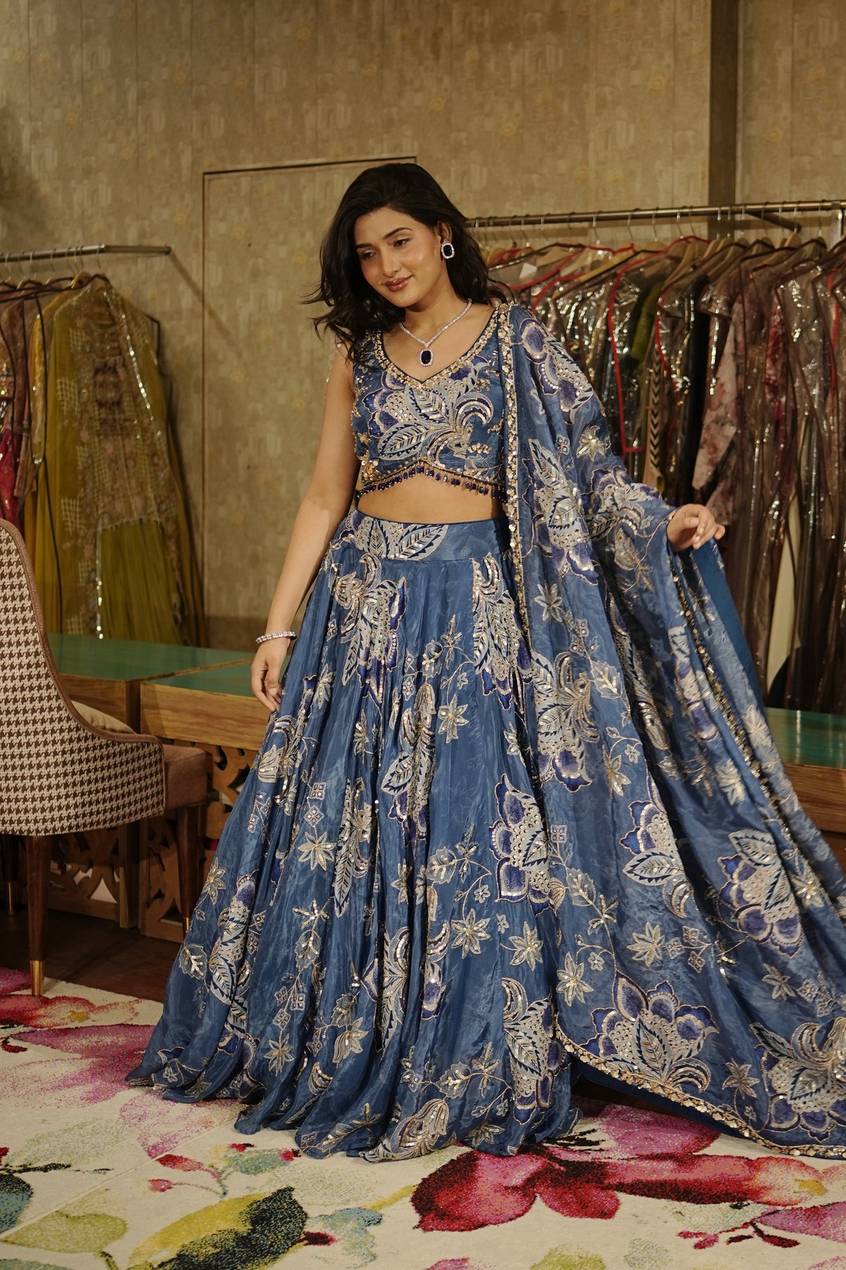 Sapphire Blue Floral Lehenga Set
