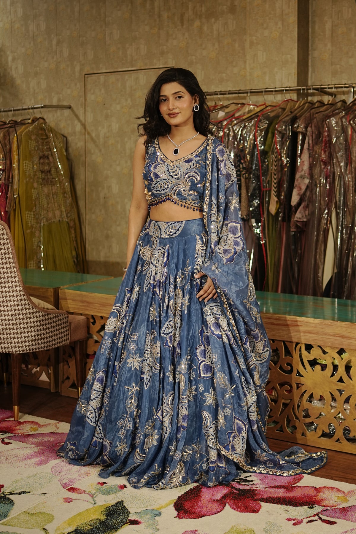 Sapphire Blue Floral Lehenga Set