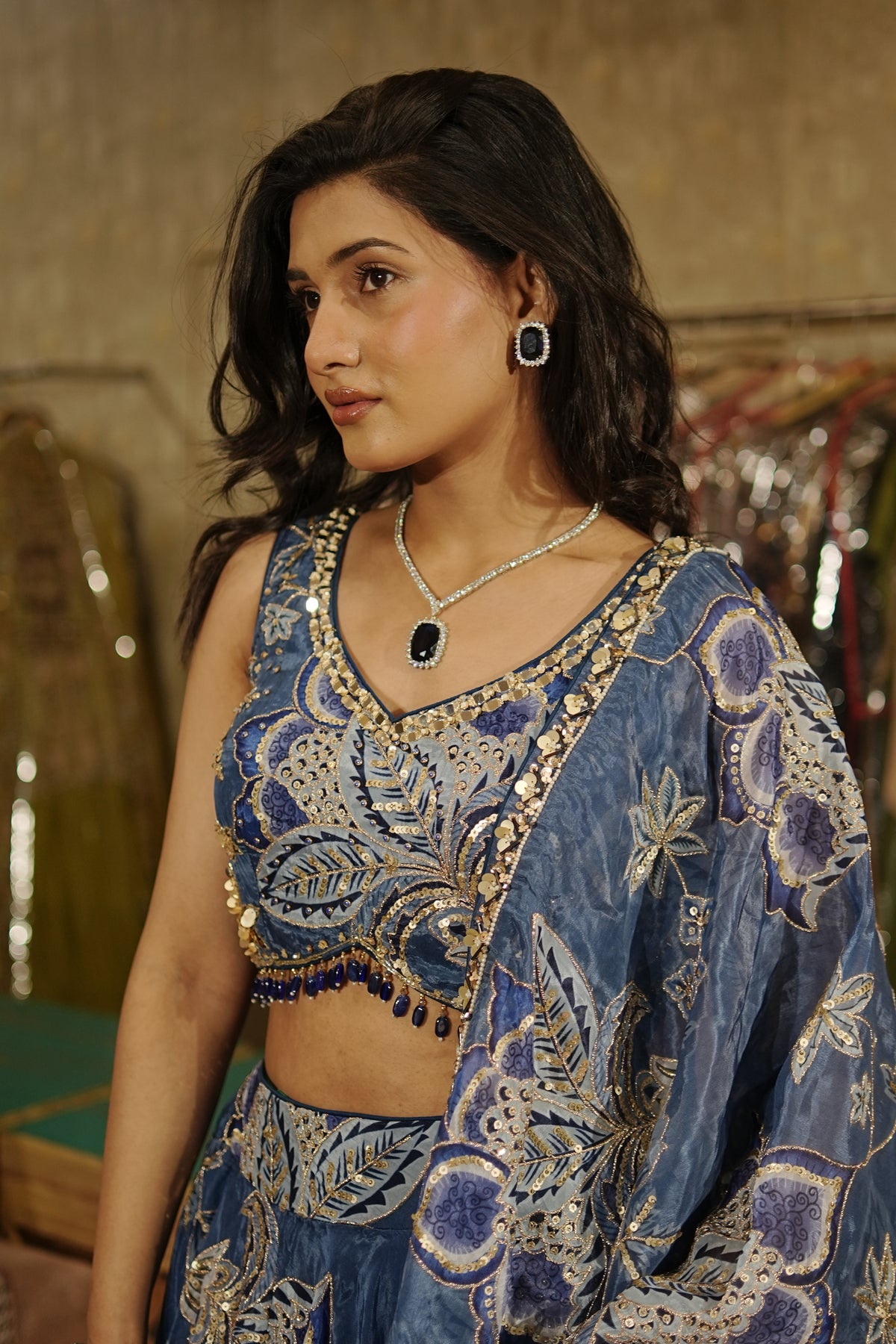 Sapphire Blue Floral Lehenga Set