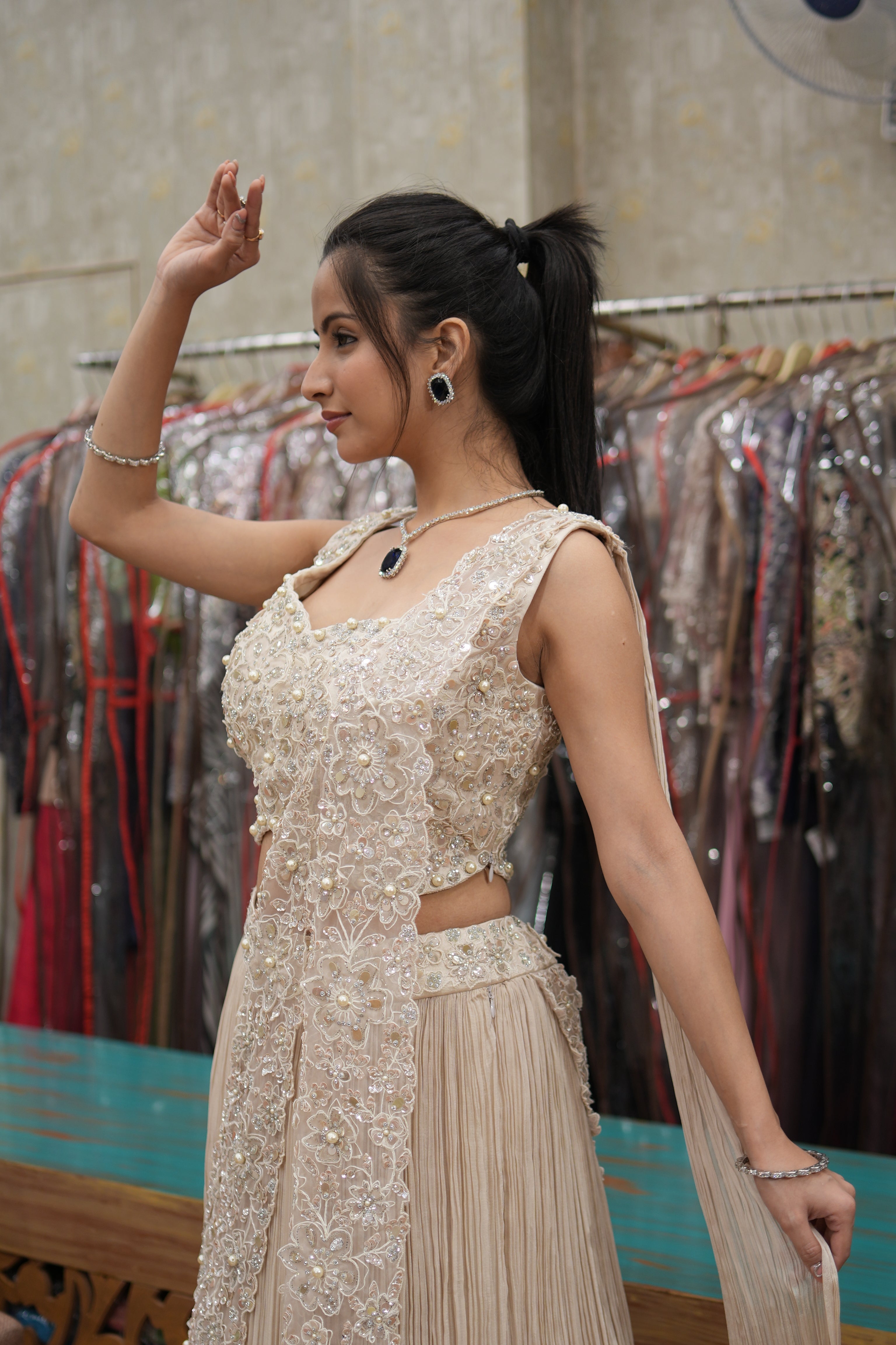 Ivory Embroidered Indo-Western Drape Set