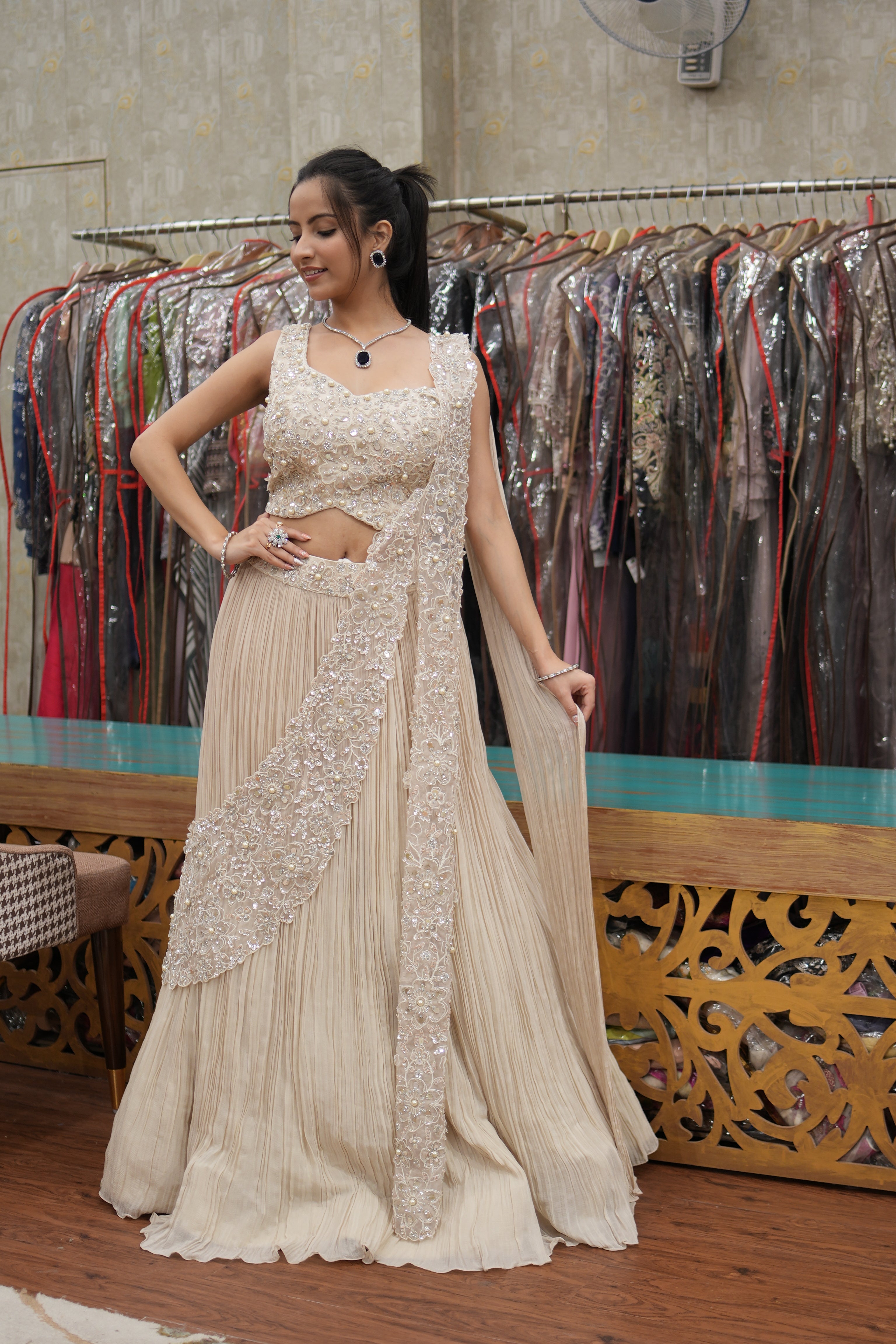 Ivory Embroidered Indo-Western Drape Set