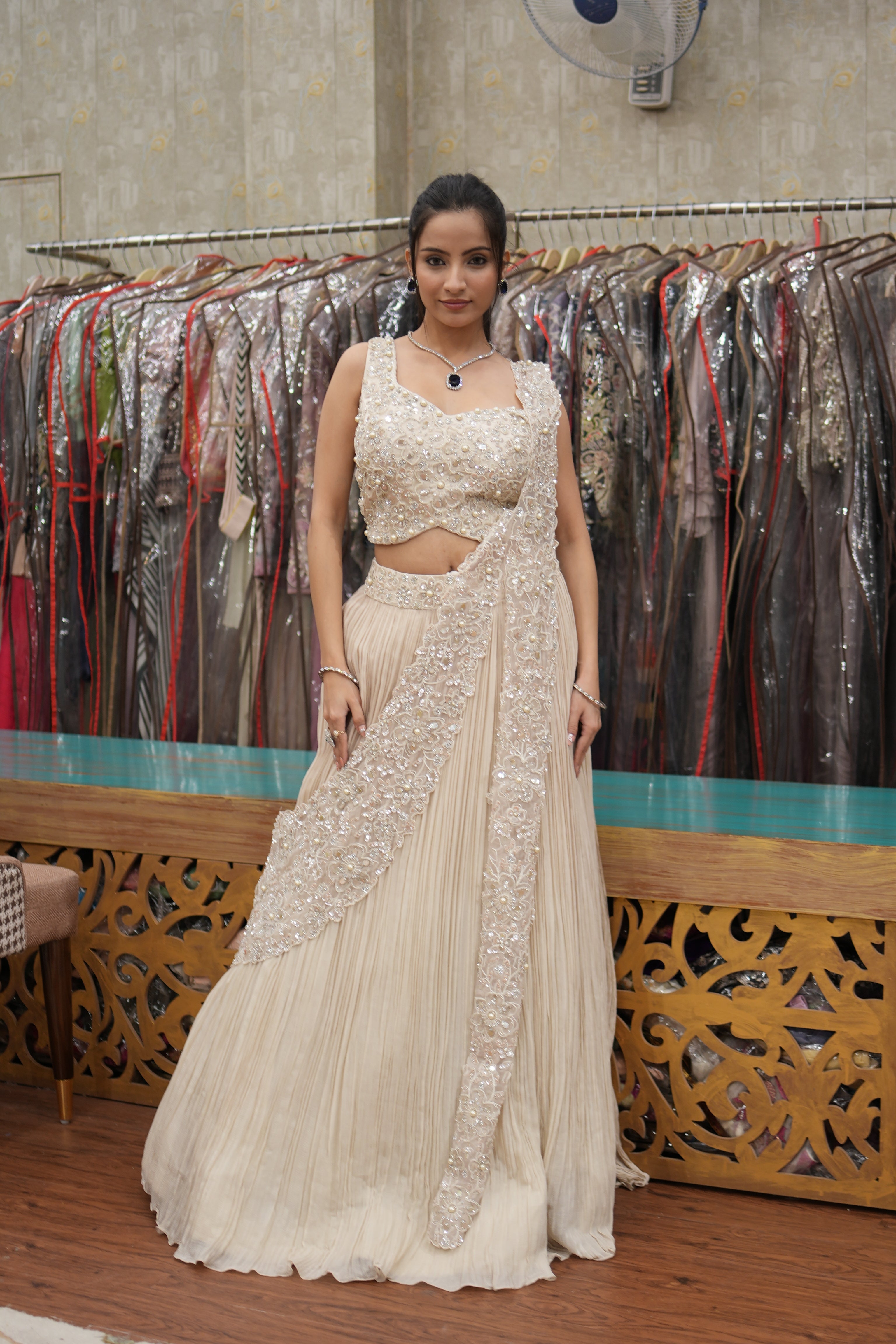 Ivory Embroidered Indo-Western Drape Set