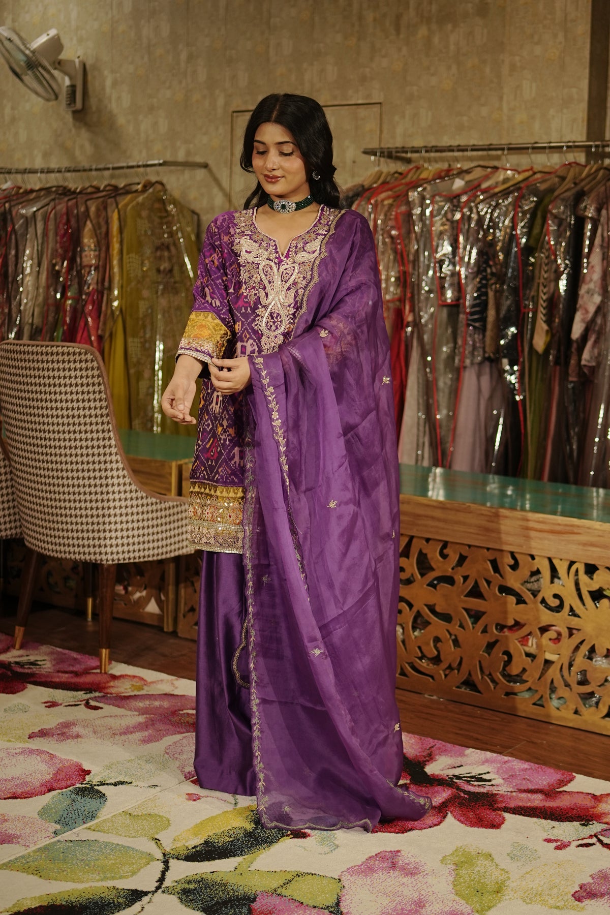Royal Purple Pure Ikkat Embroidered Suit Set