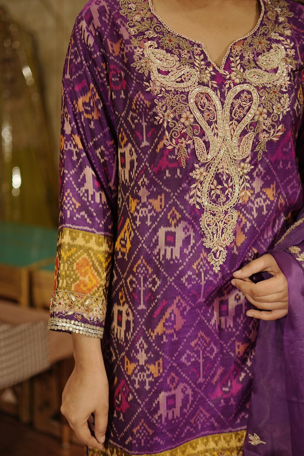 Royal Purple Pure Ikkat Embroidered Suit Set
