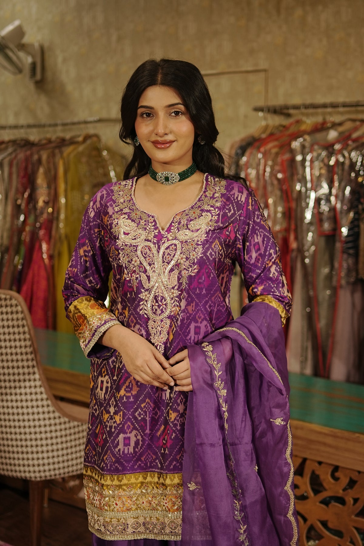 Royal Purple Pure Ikkat Embroidered Suit Set