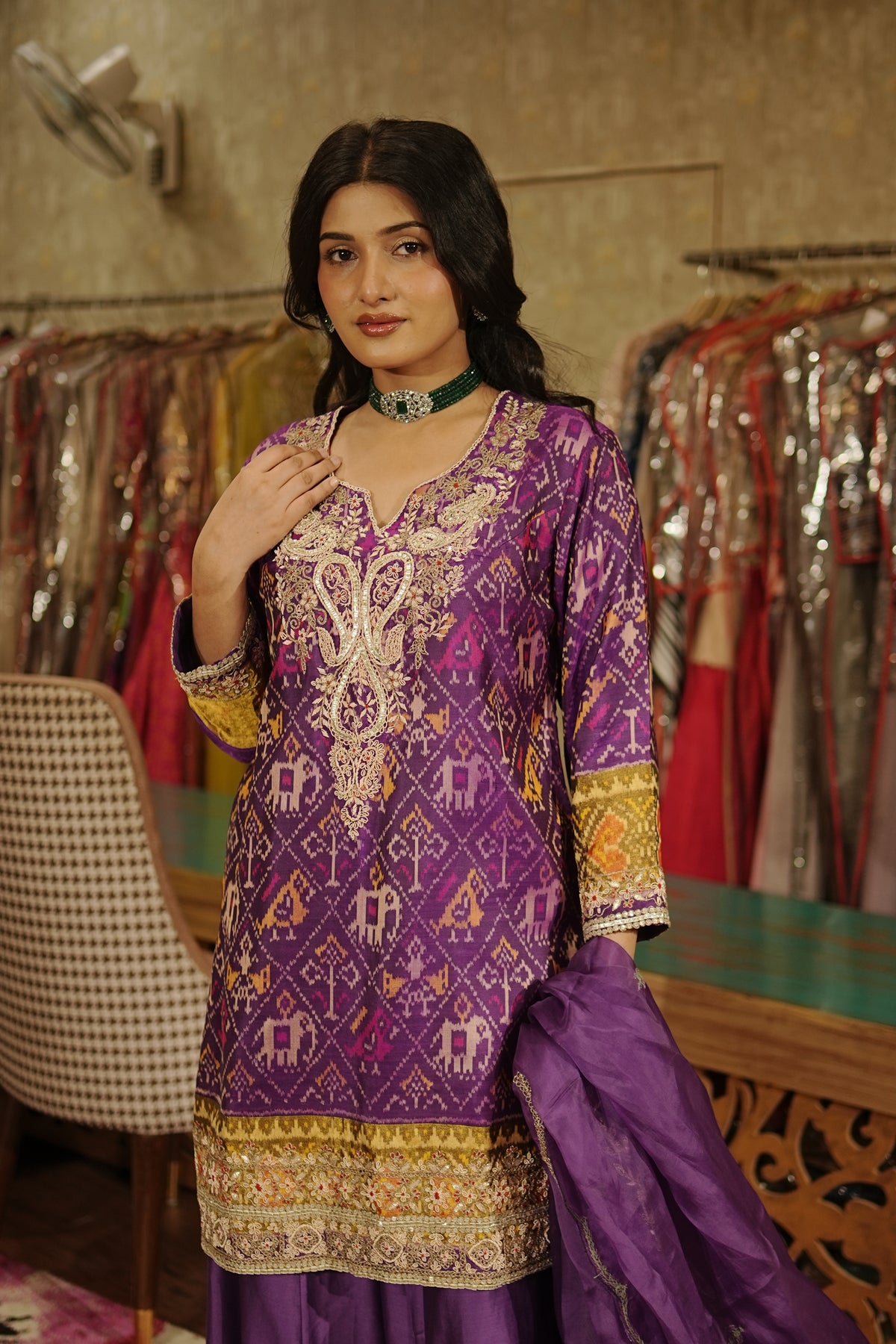 Royal Purple Pure Ikkat Embroidered Suit Set