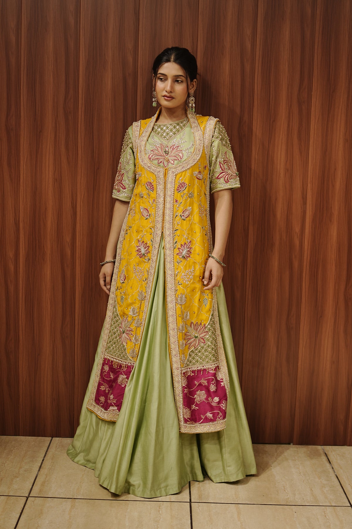 Lime Green Indo-Western Layered Ensemble