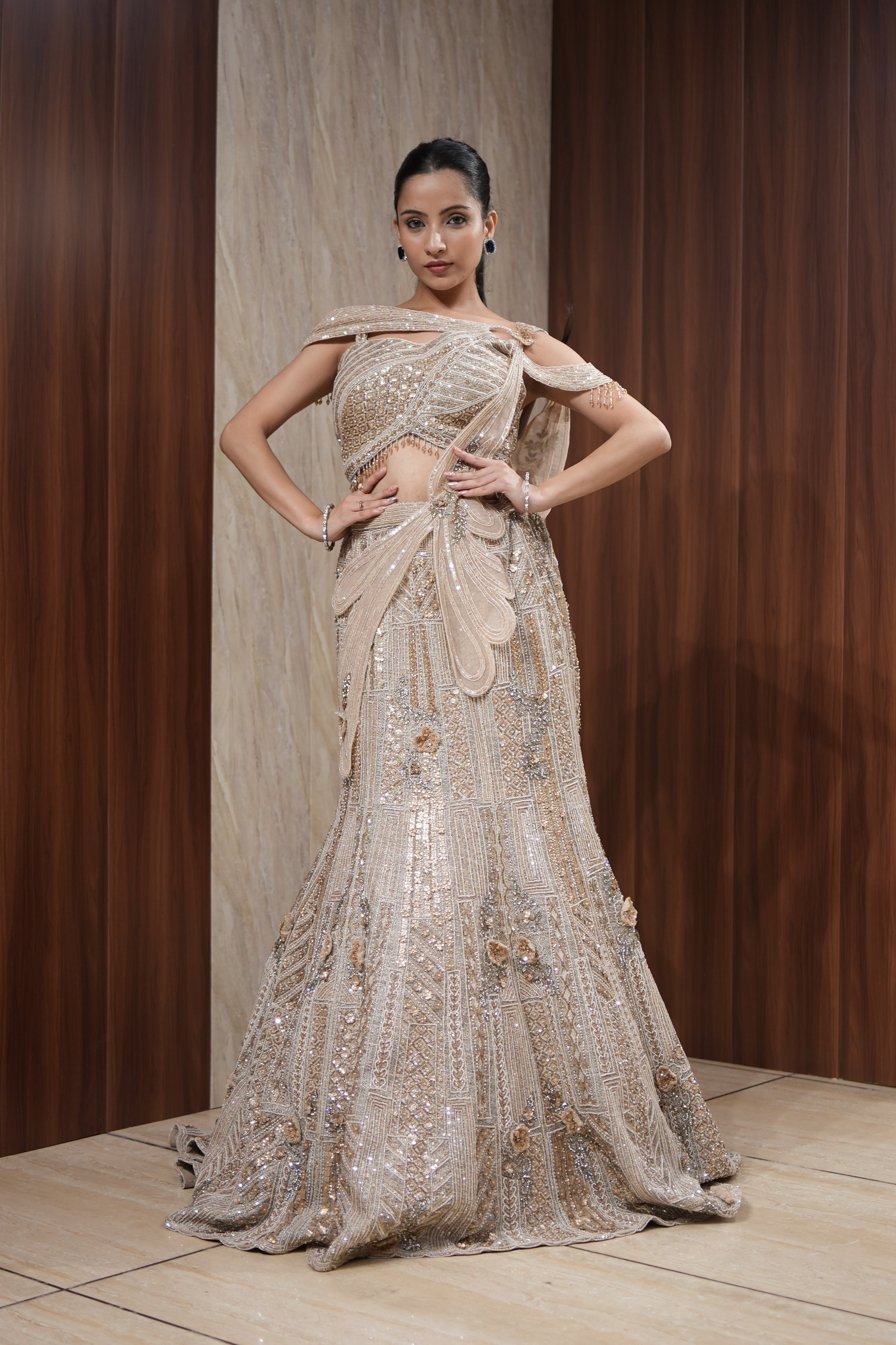 Champagne Fish Cut Indo-Western Drape Lehenga