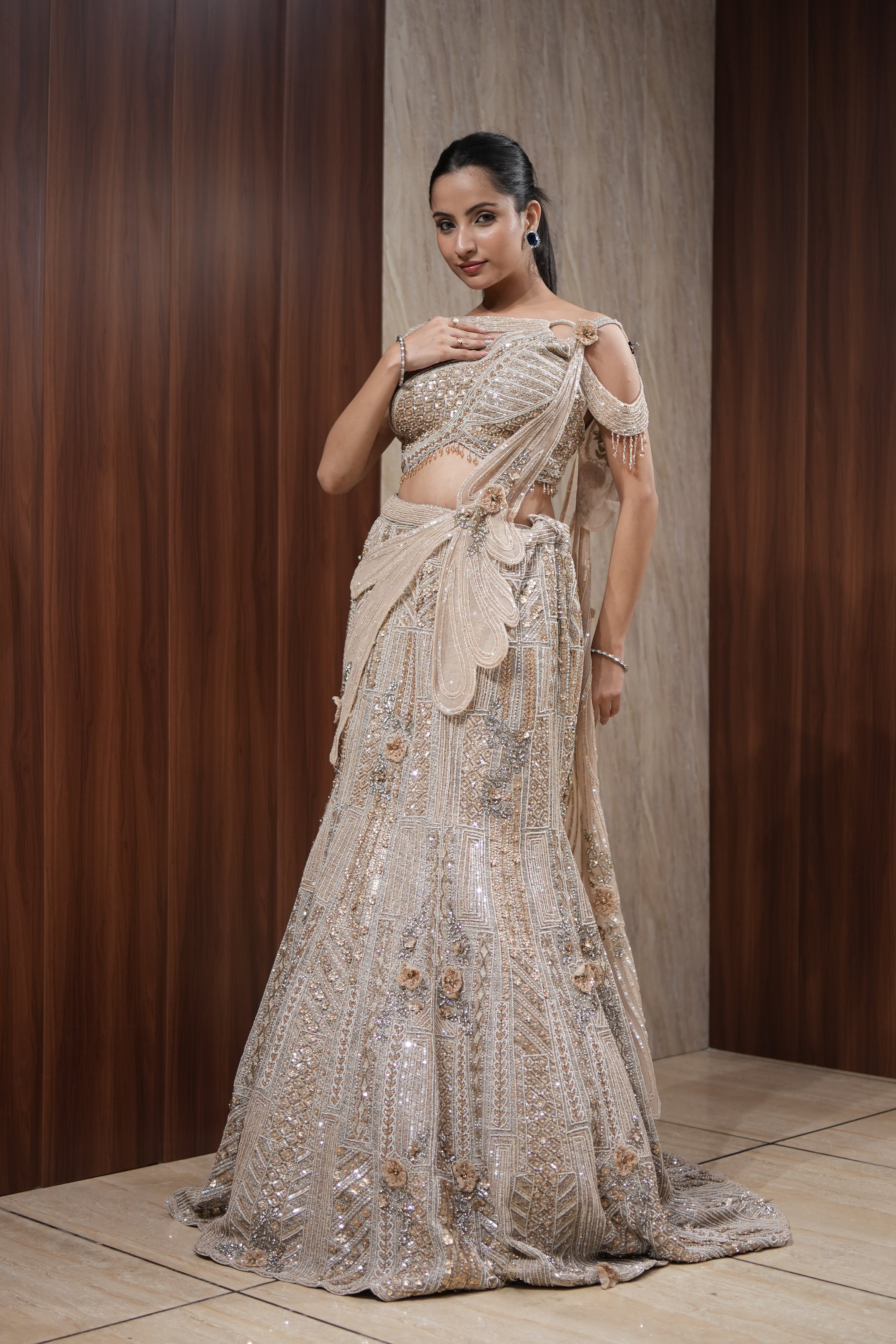 Champagne Fish Cut Indo-Western Drape Lehenga