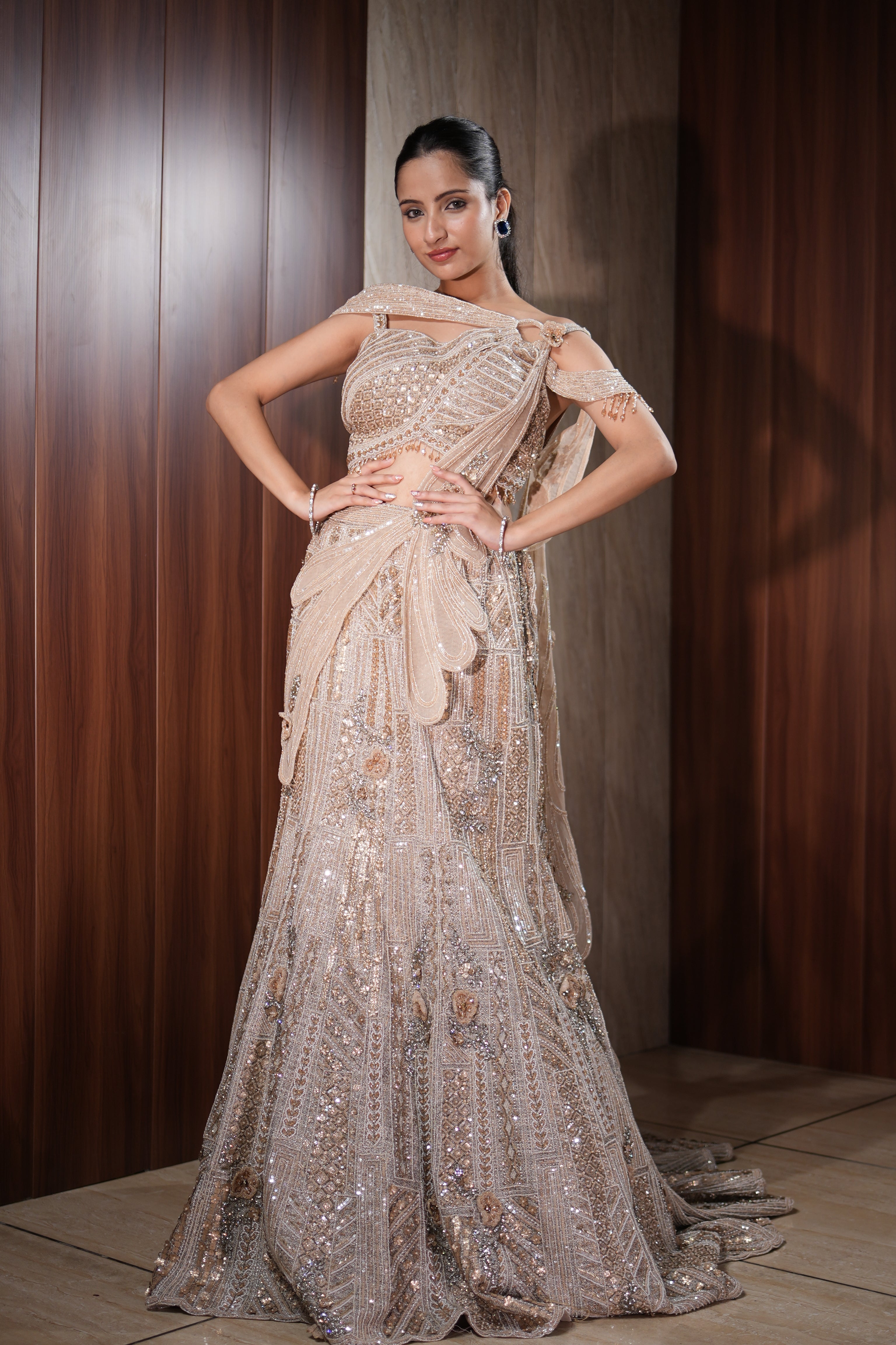 Champagne Fish Cut Indo-Western Drape Lehenga