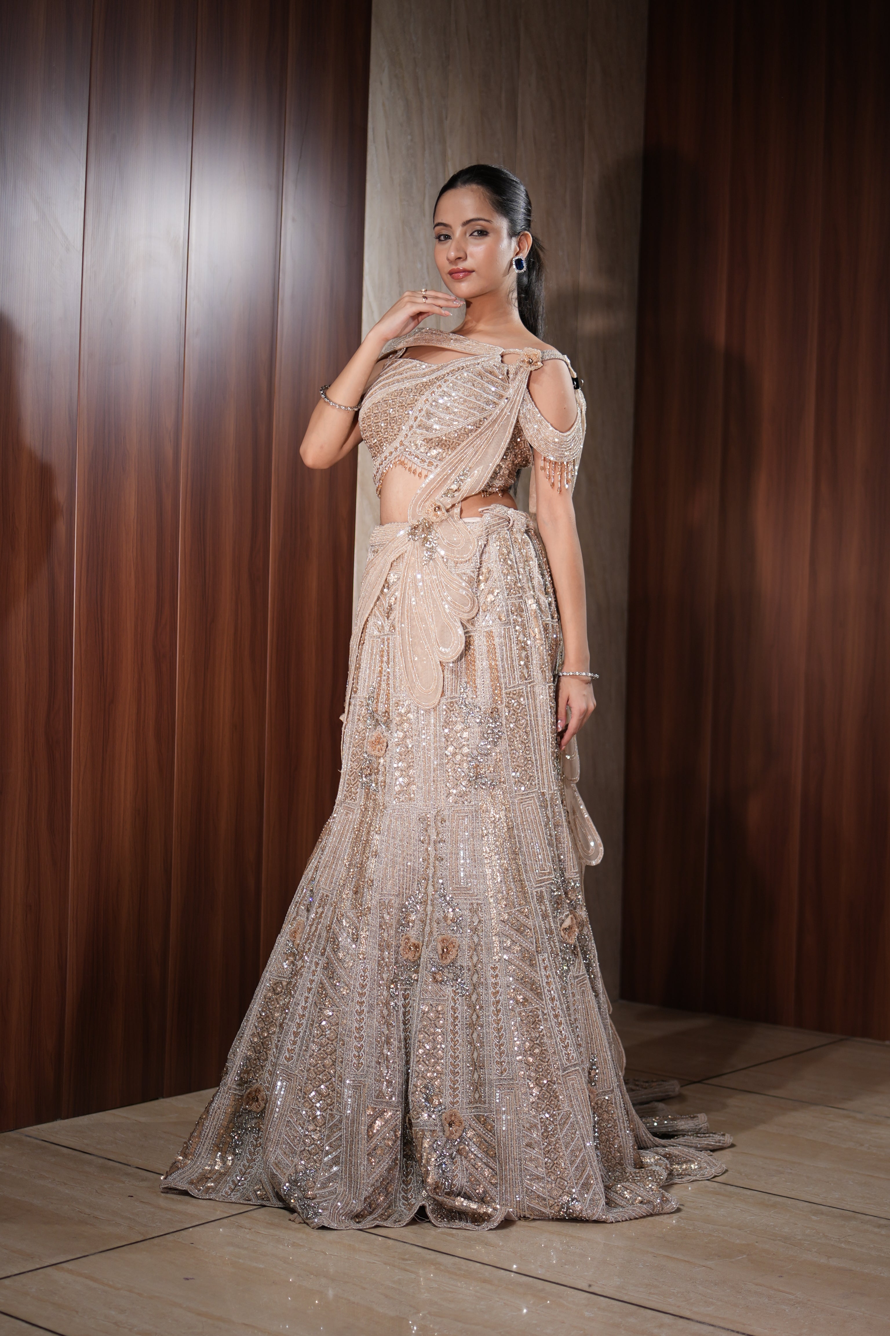 Champagne Fish Cut Indo-Western Drape Lehenga