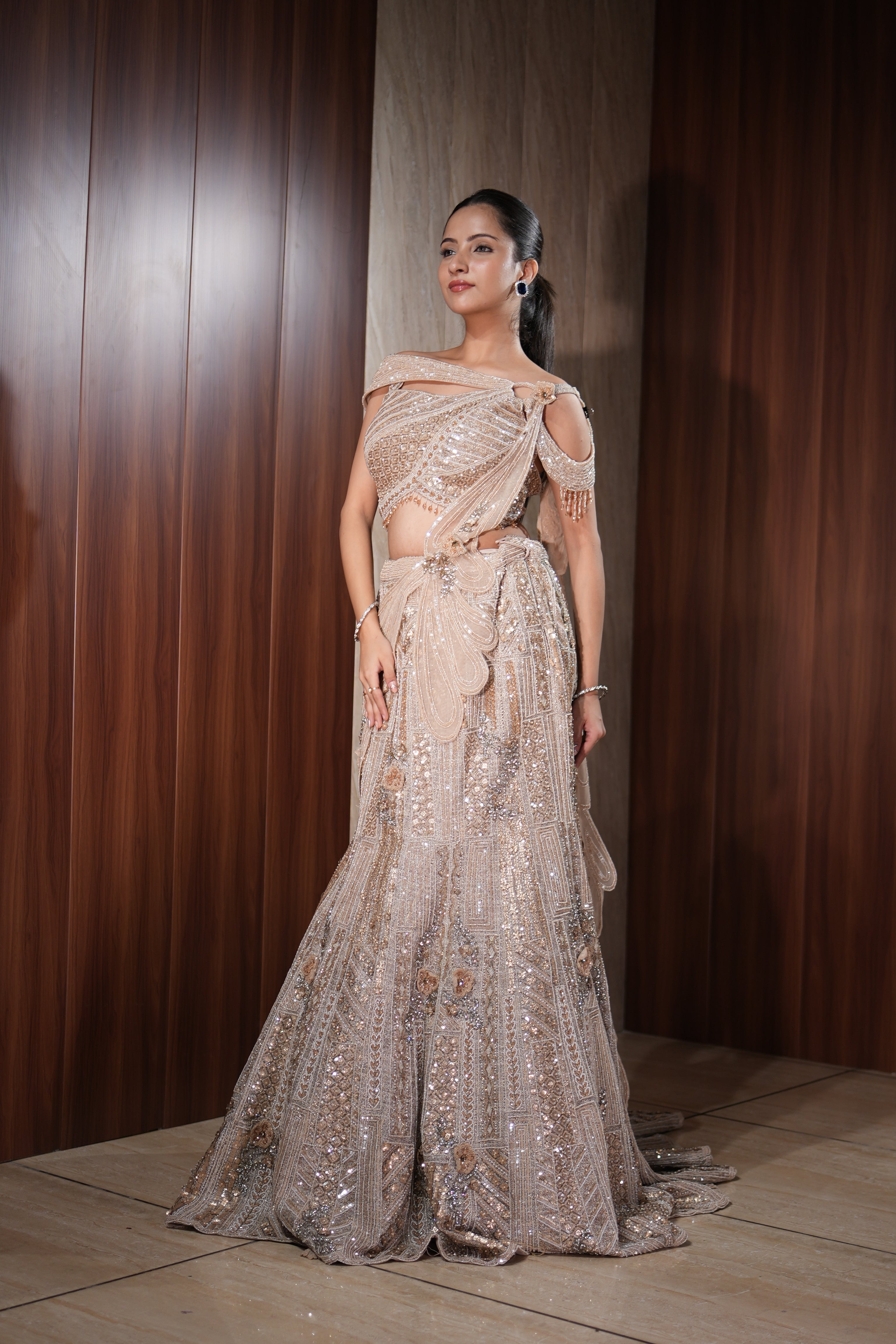 Champagne Fish Cut Indo-Western Drape Lehenga
