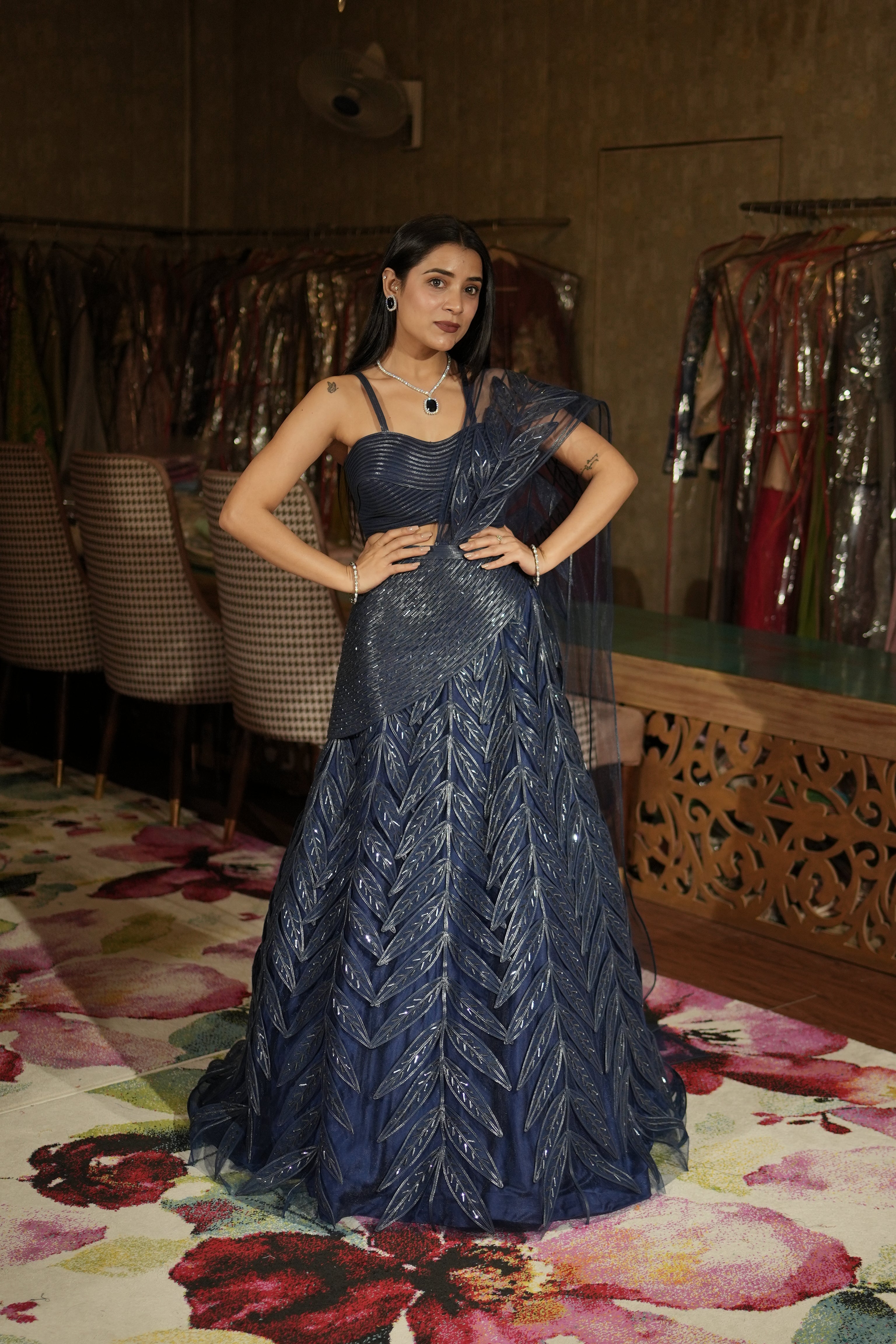 Navy Blue Sequinned Leaf Motif Set