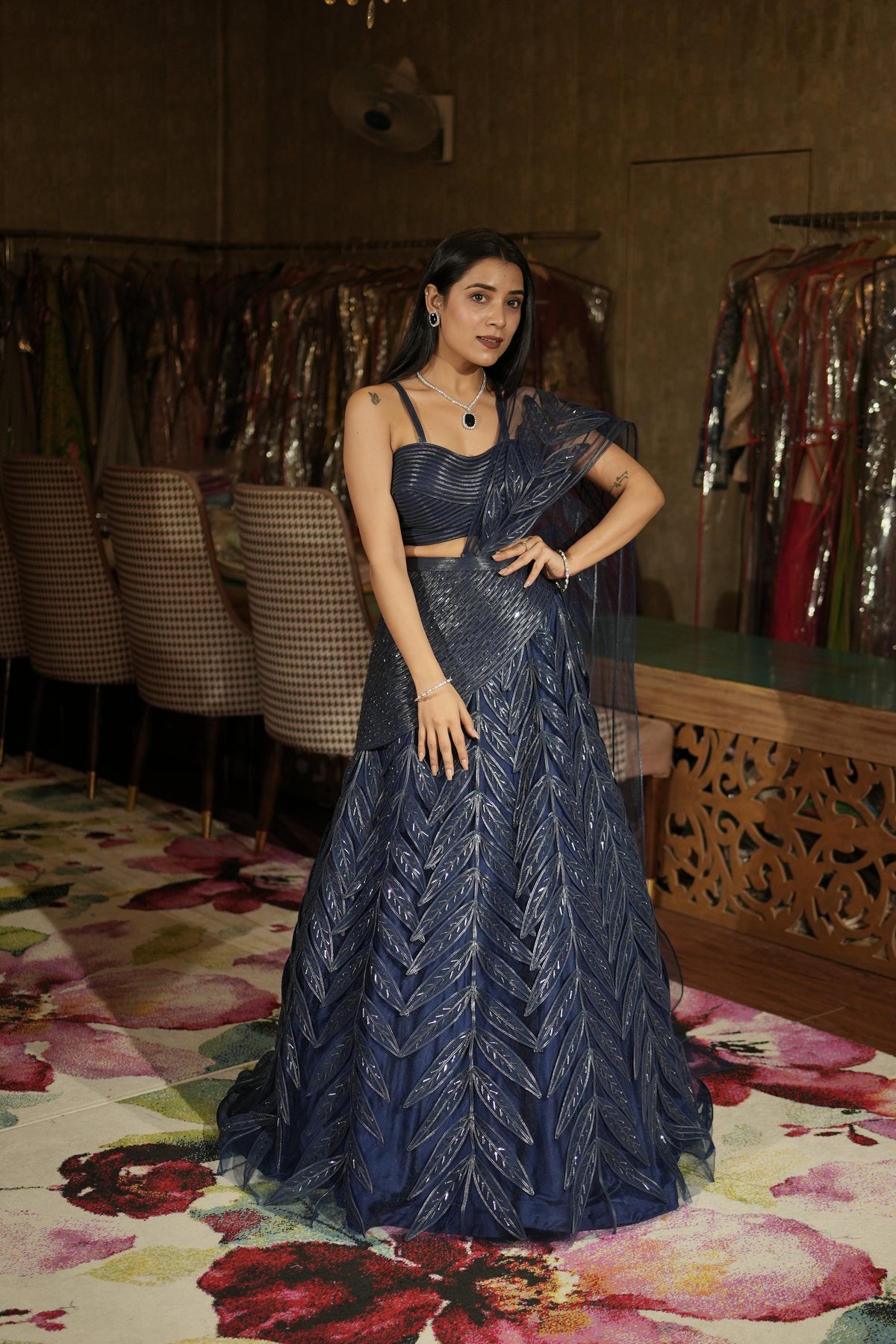 Navy Blue Sequinned Leaf Motif Set