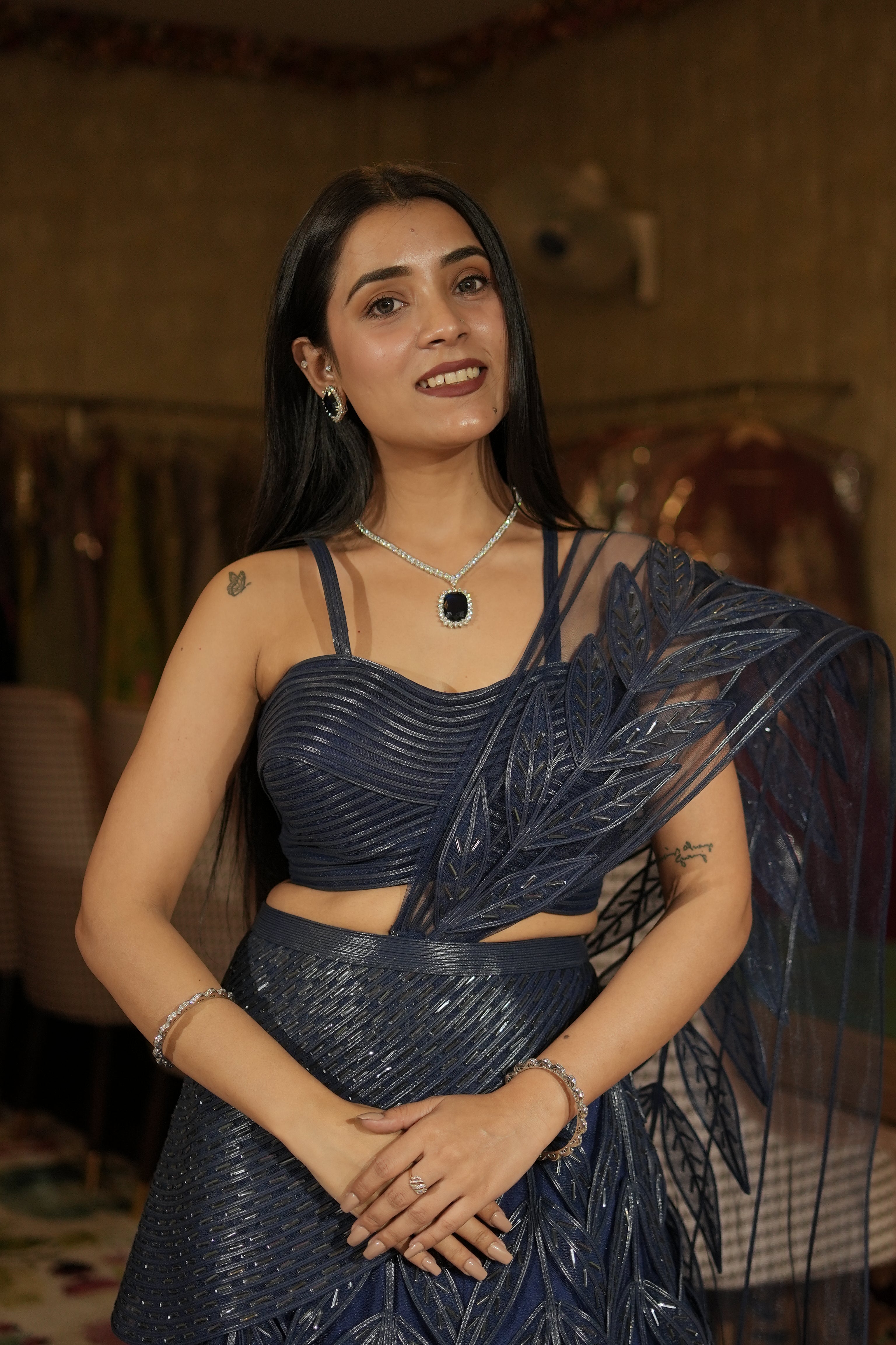 Navy Blue Sequinned Leaf Motif Set