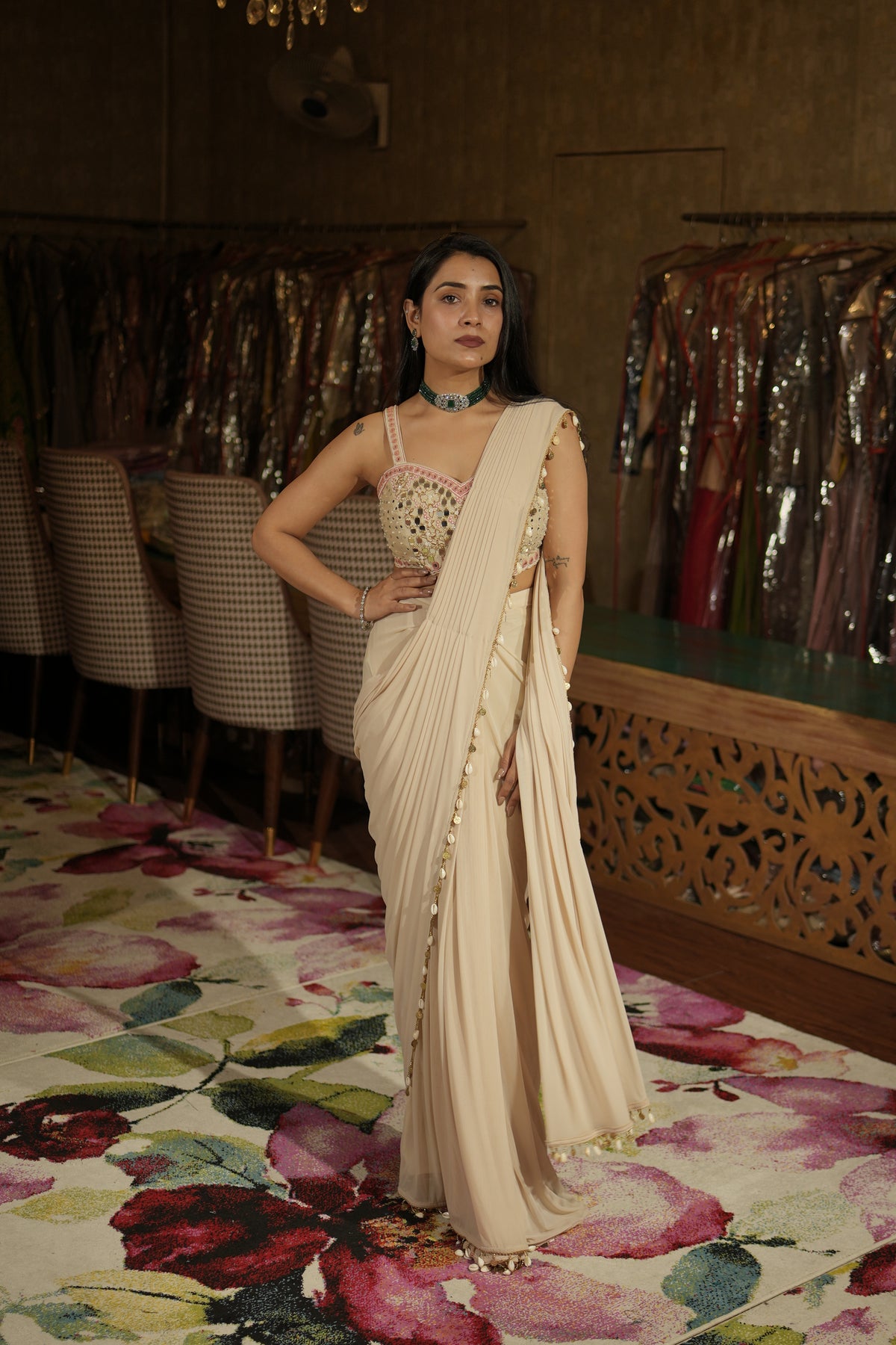 Ivory Embellished Drape Saree Set with Jacket