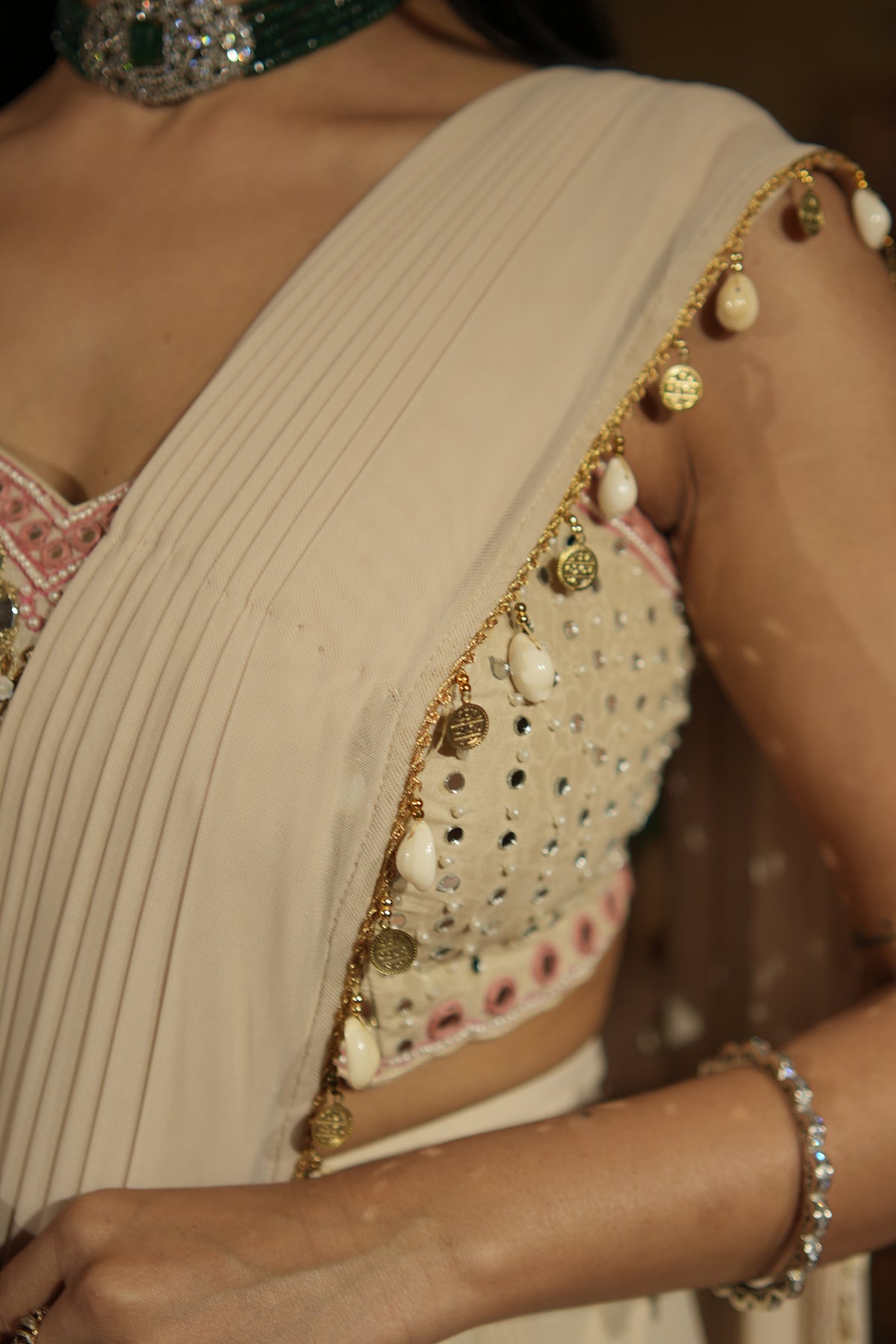 Ivory Embellished Drape Saree Set with Jacket