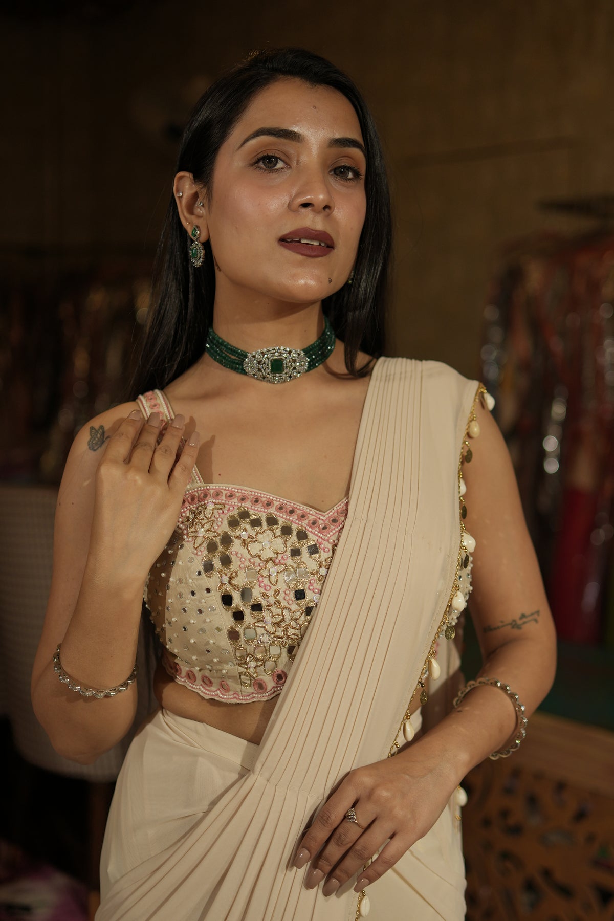 Ivory Embellished Drape Saree Set with Jacket