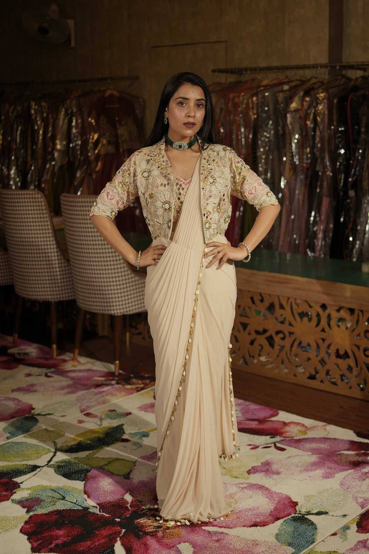 Ivory Embellished Drape Saree Set with Jacket