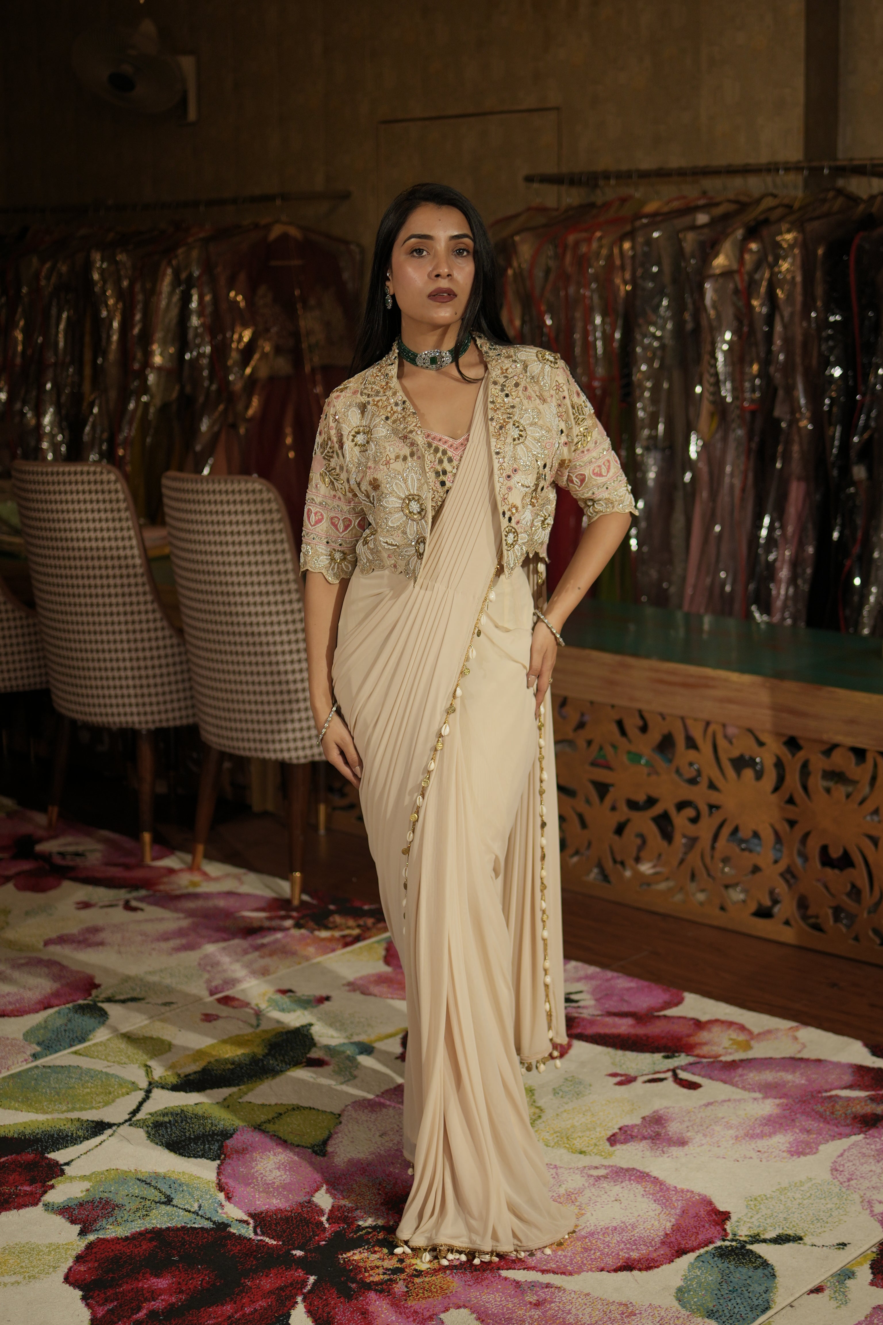 Ivory Embellished Drape Saree Set with Jacket