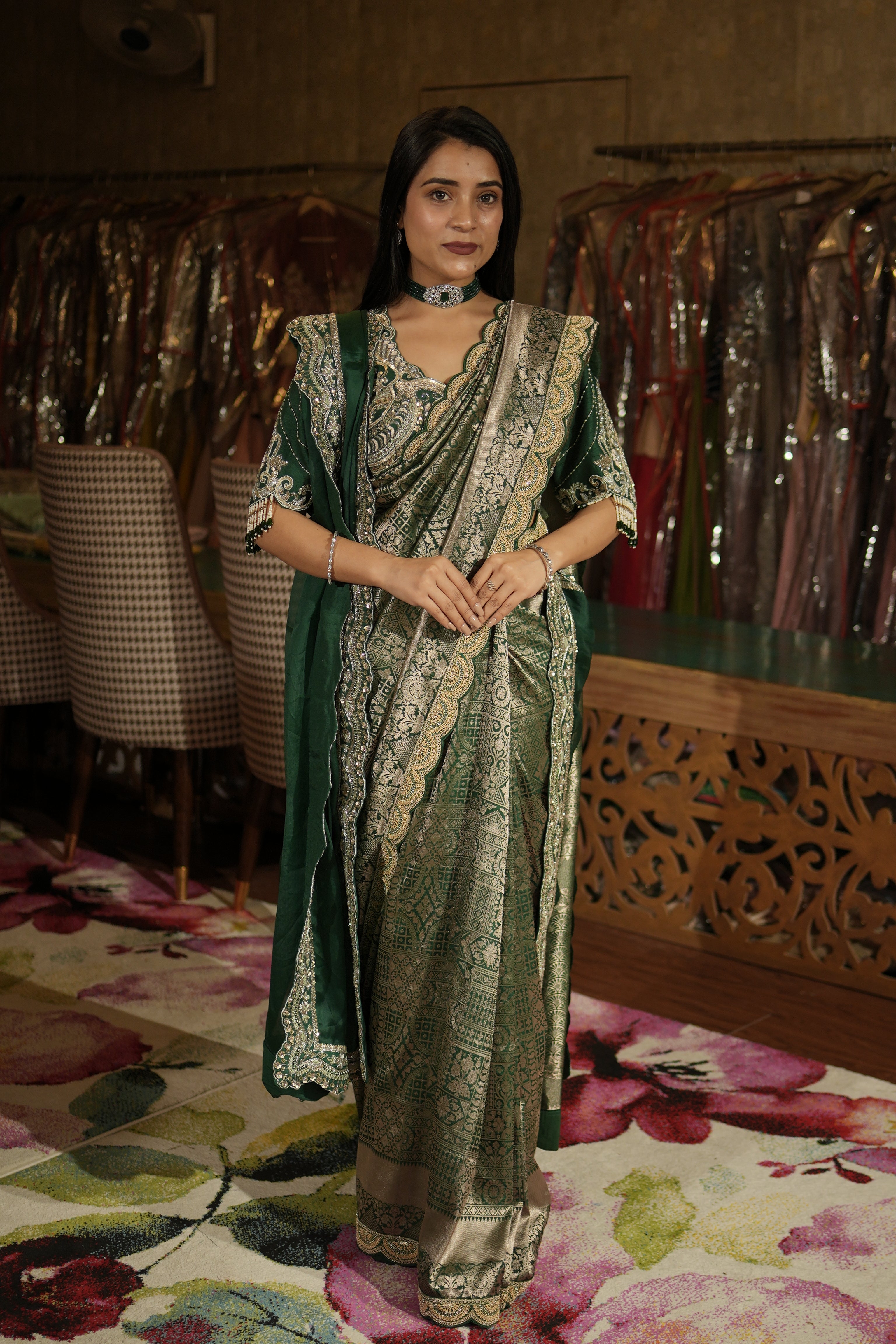 Emerald Heritage Banarasi Saree Set with Dual Dupatta
