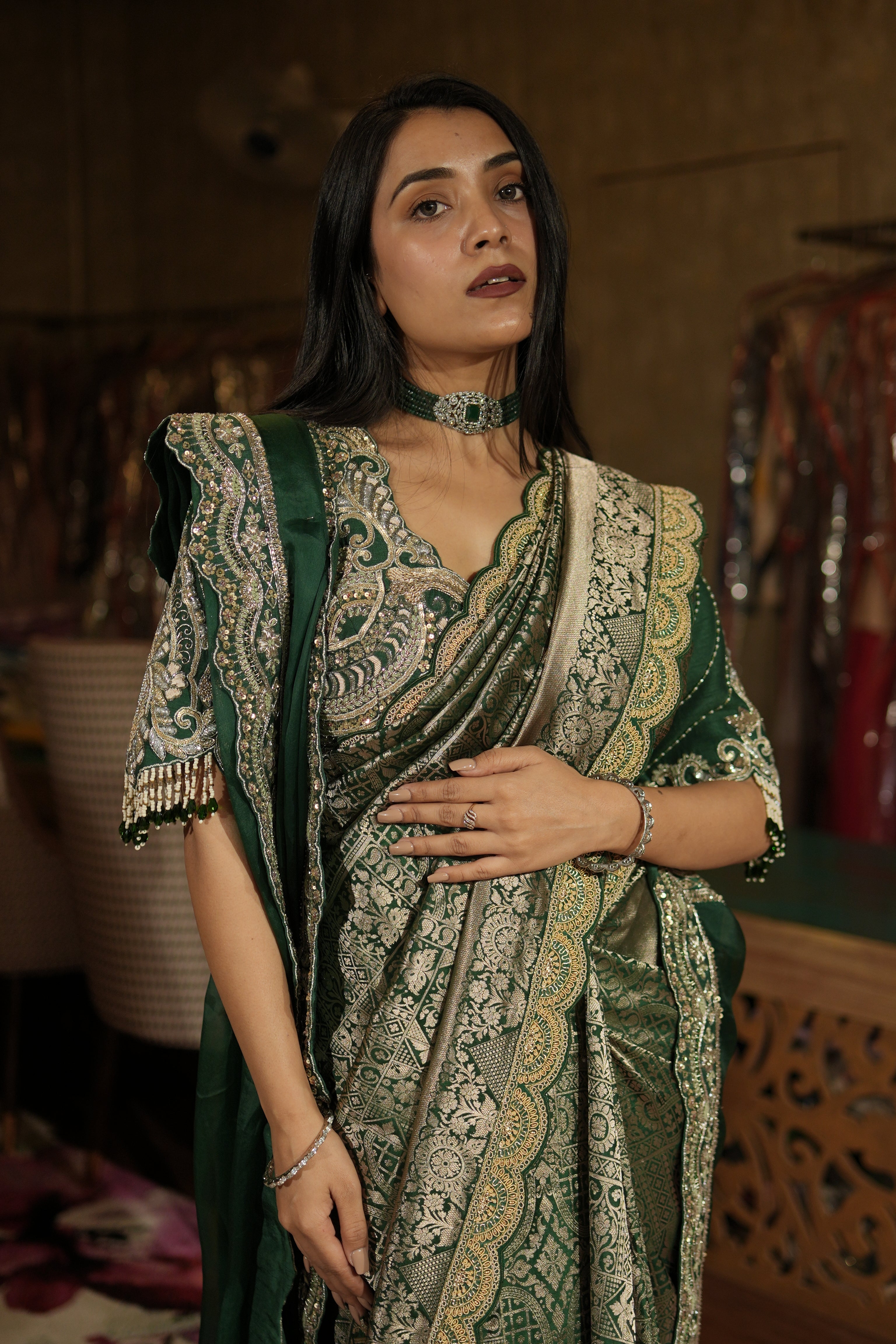 Emerald Heritage Banarasi Saree Set with Dual Dupatta
