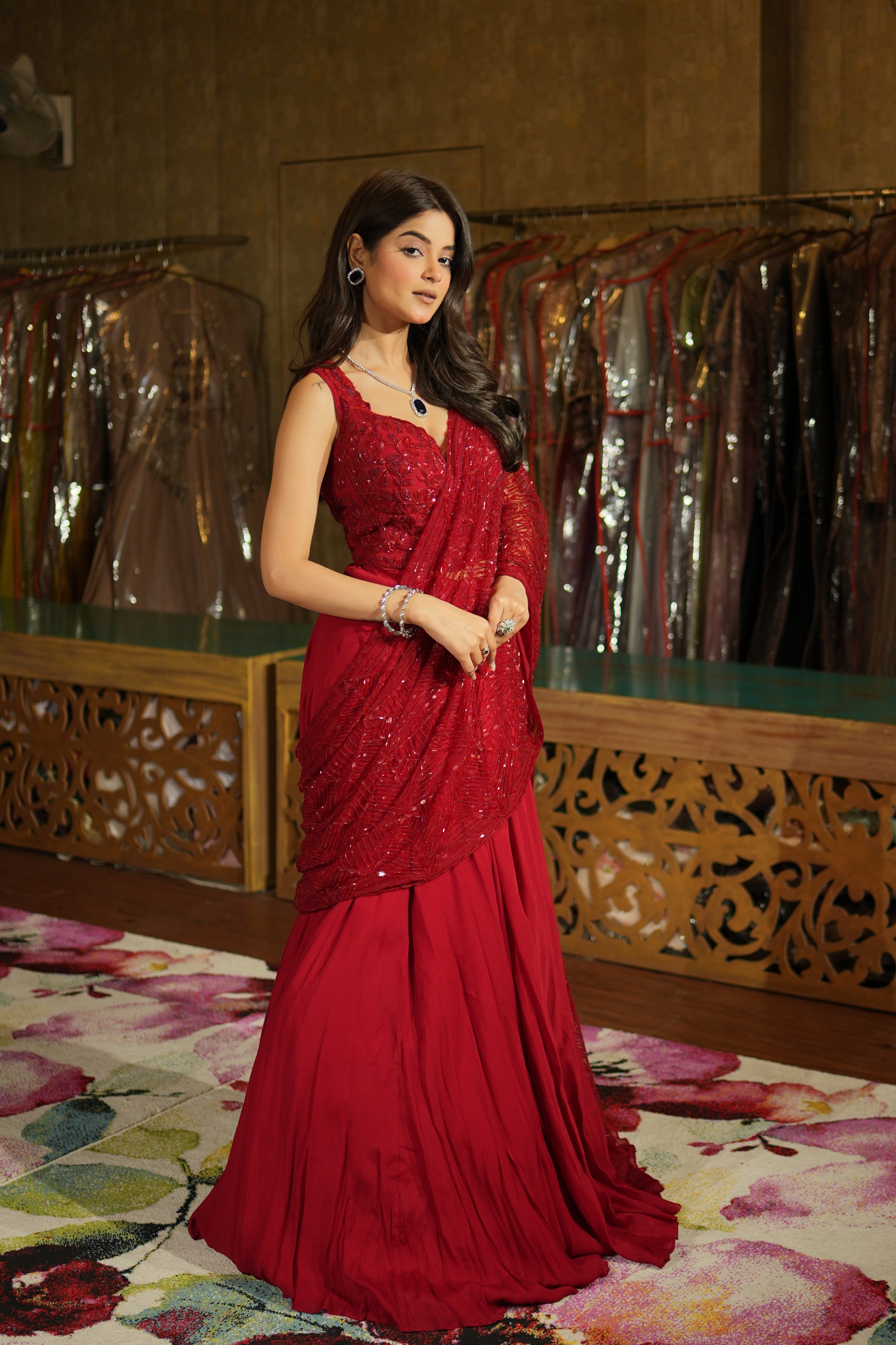 Crimson Royale Pre-Draped Saree Set