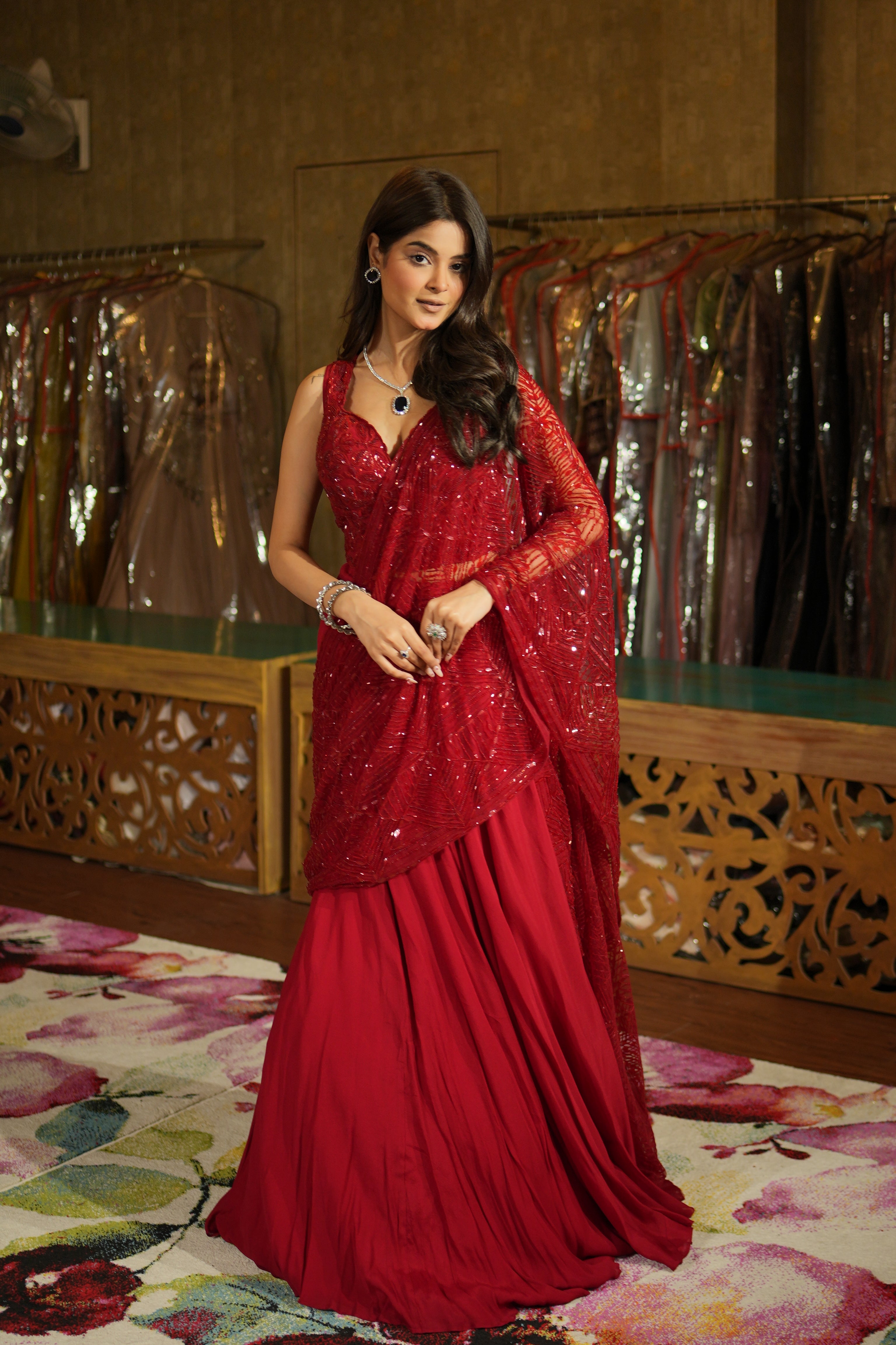 Crimson Royale Pre-Draped Saree Set