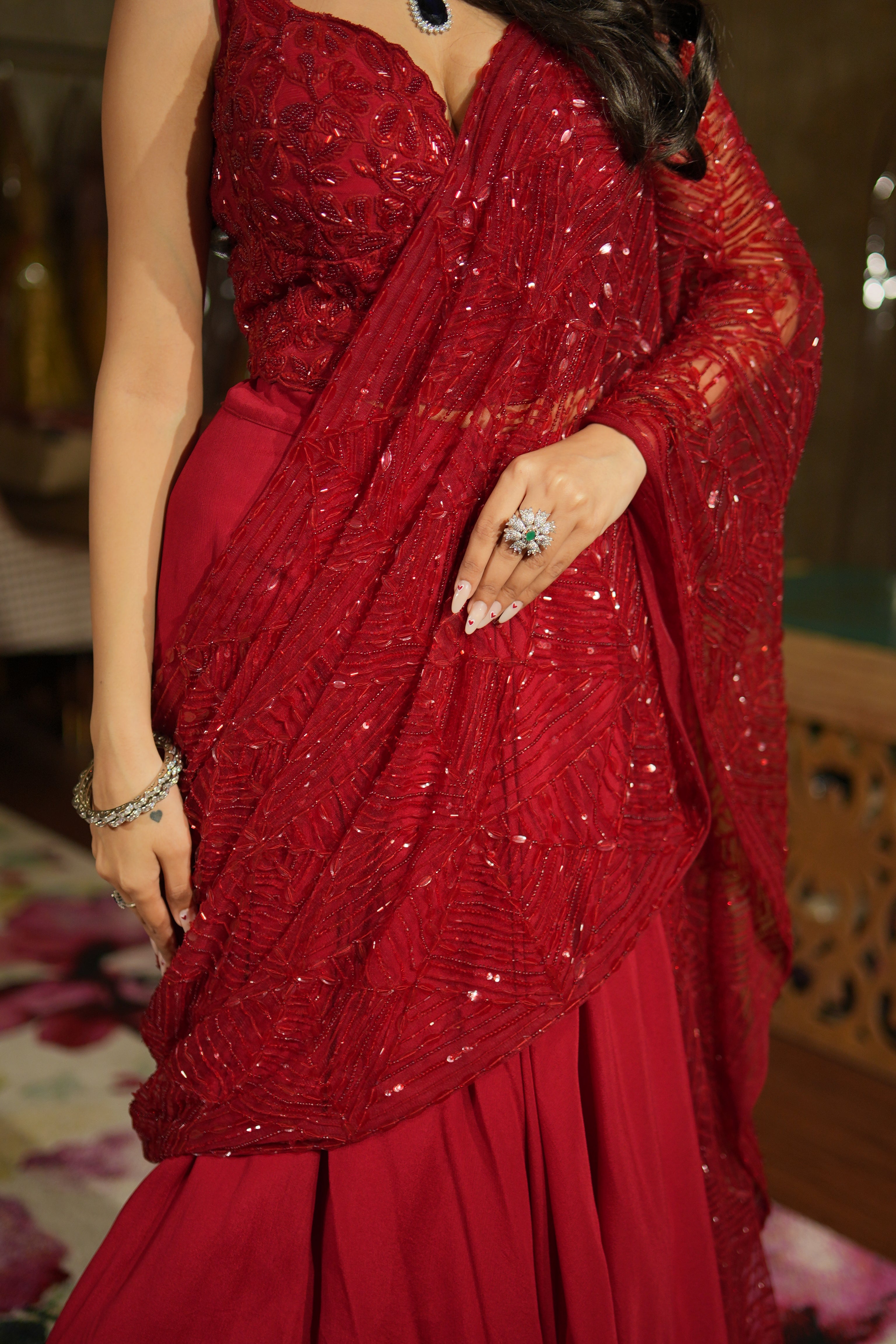 Crimson Royale Pre-Draped Saree Set