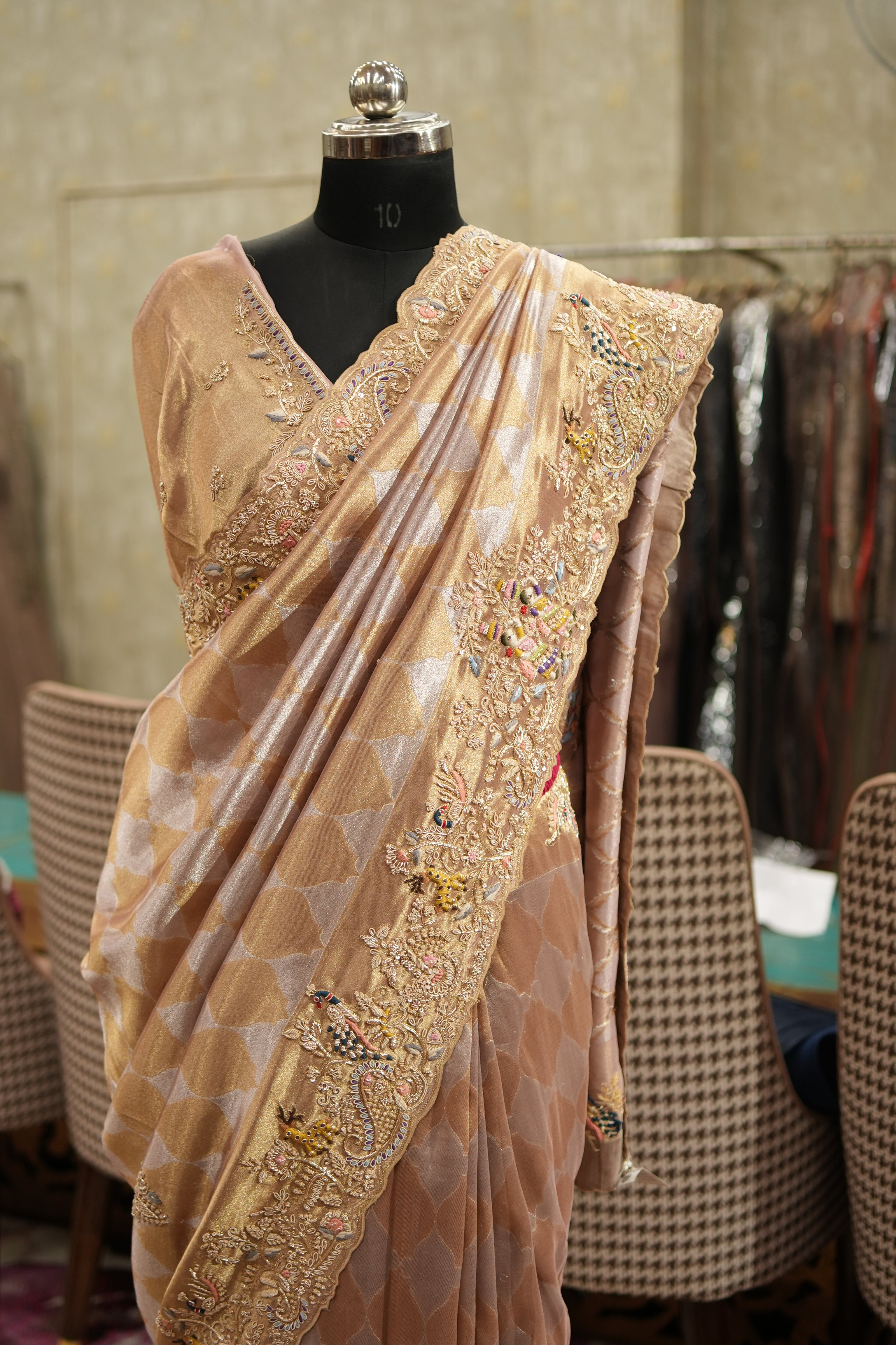 Champagne Beige Hand-Embroidered Tissue Saree Set