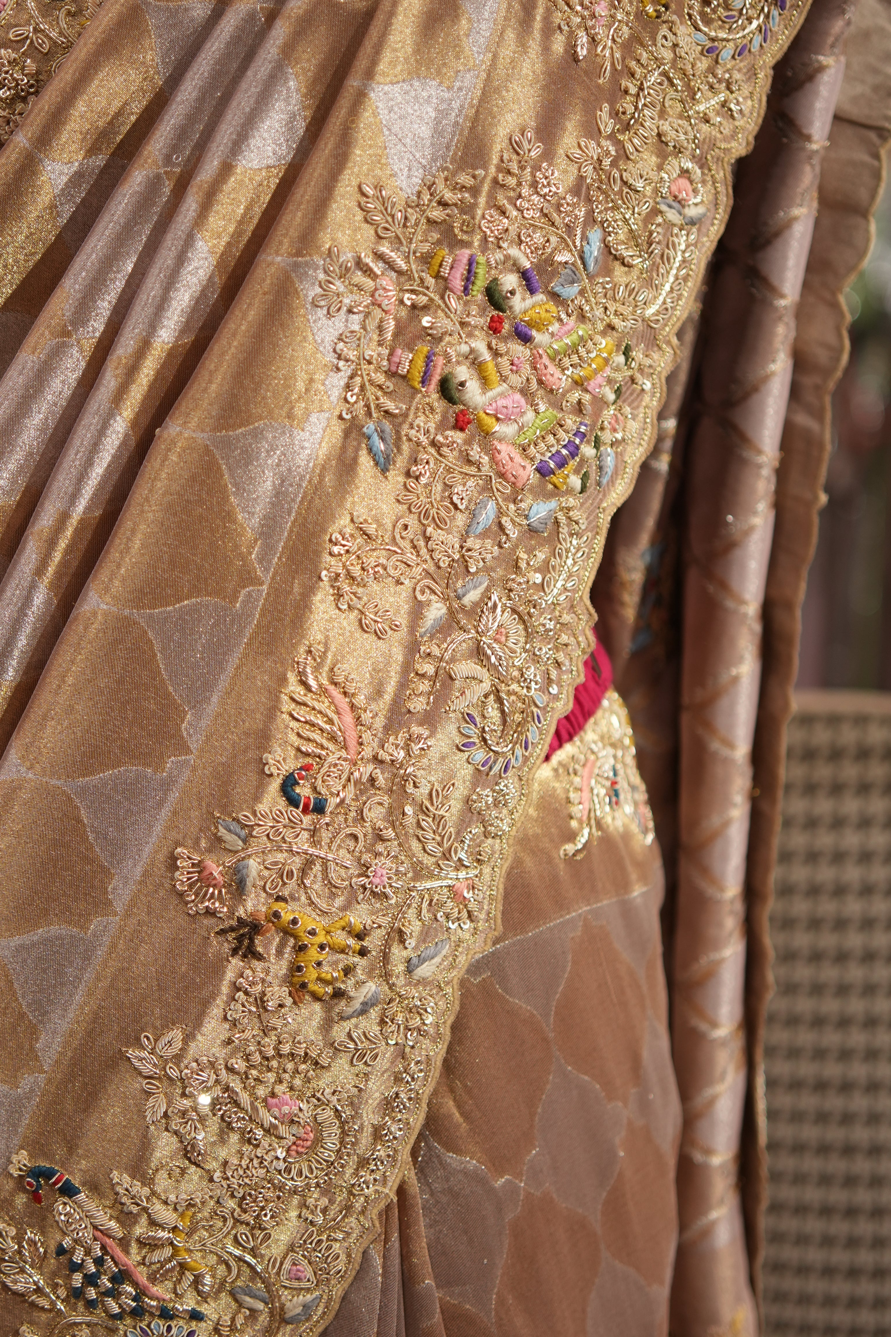 Champagne Beige Hand-Embroidered Tissue Saree Set