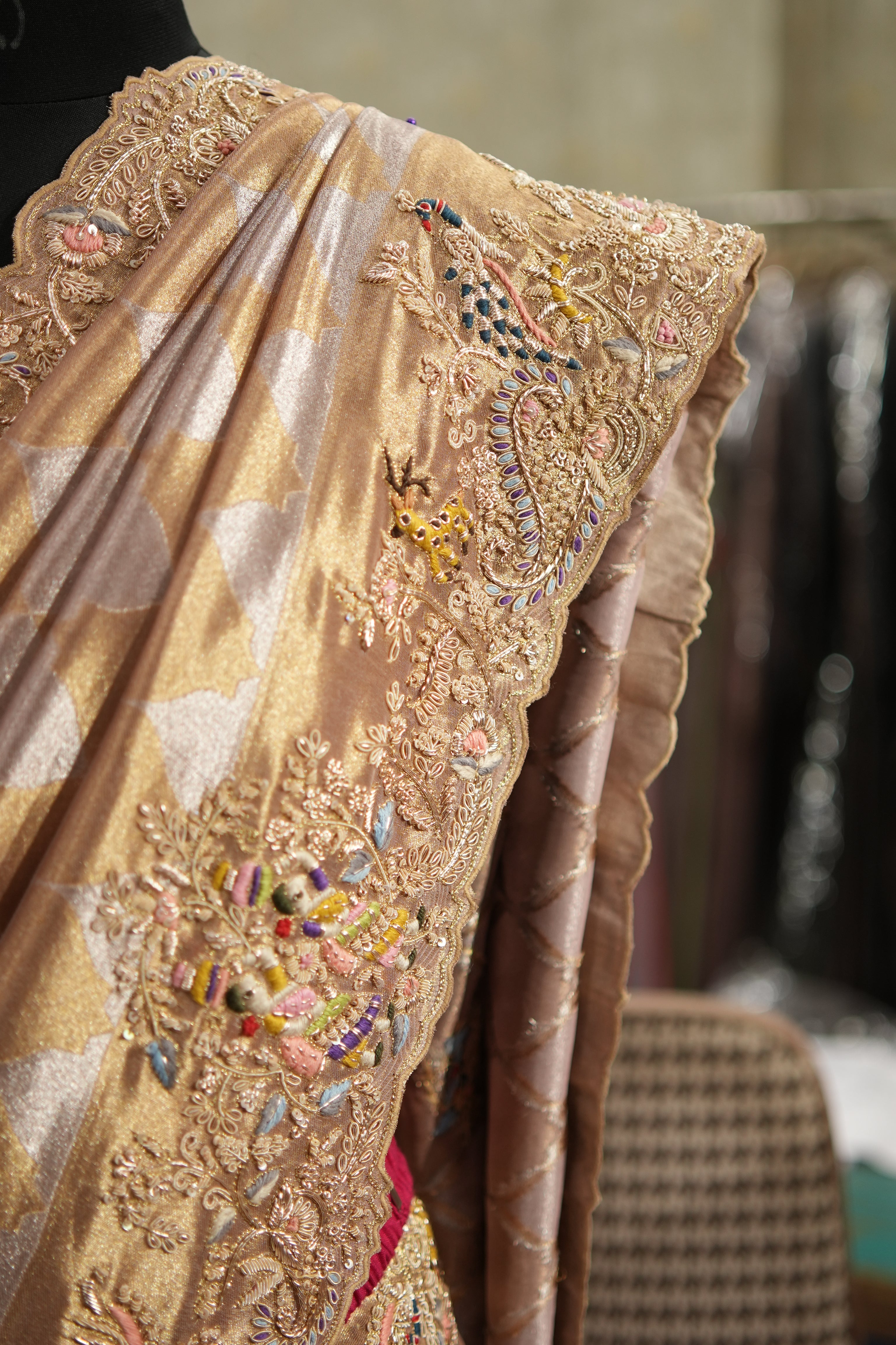 Champagne Beige Hand-Embroidered Tissue Saree Set