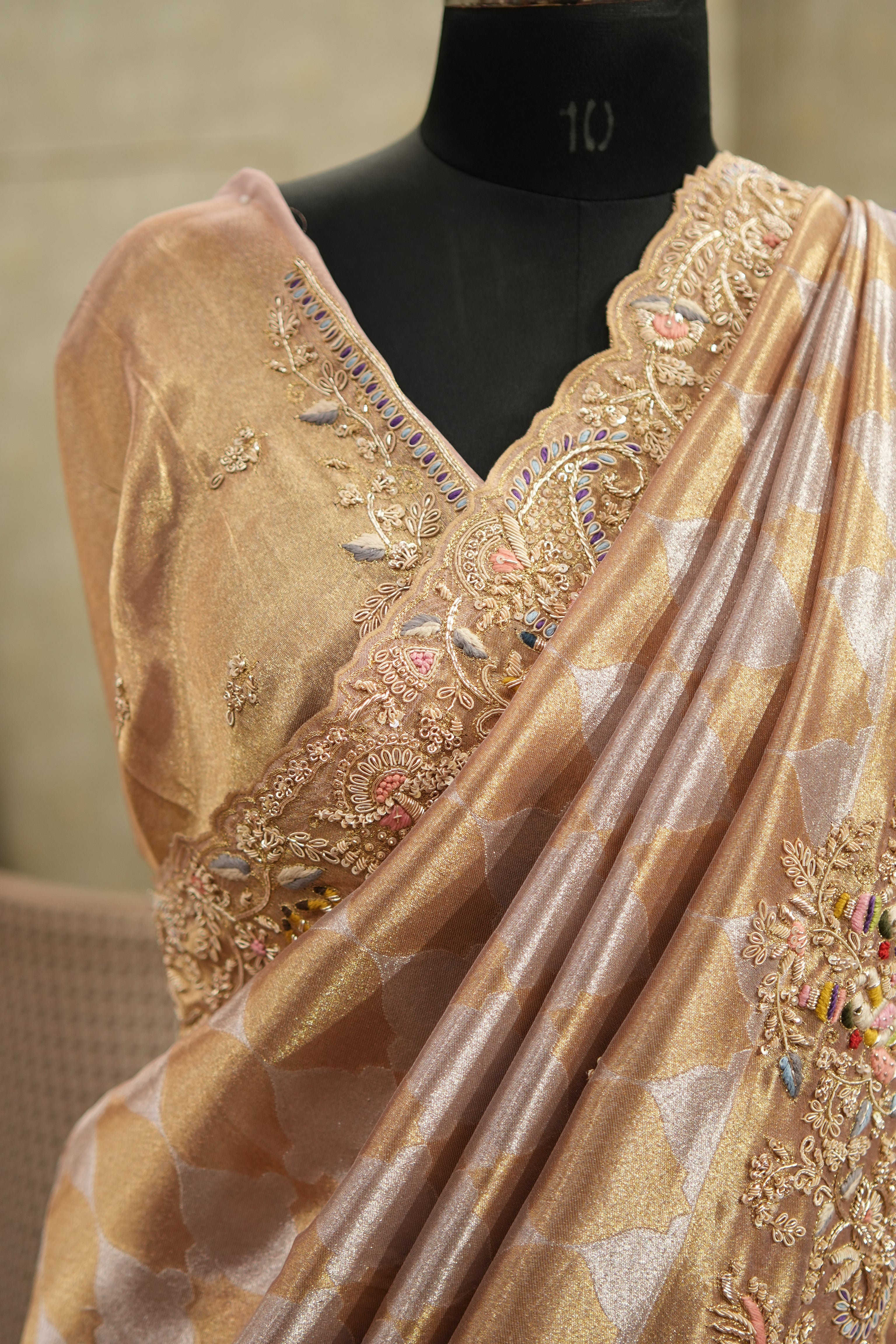 Champagne Beige Hand-Embroidered Tissue Saree Set