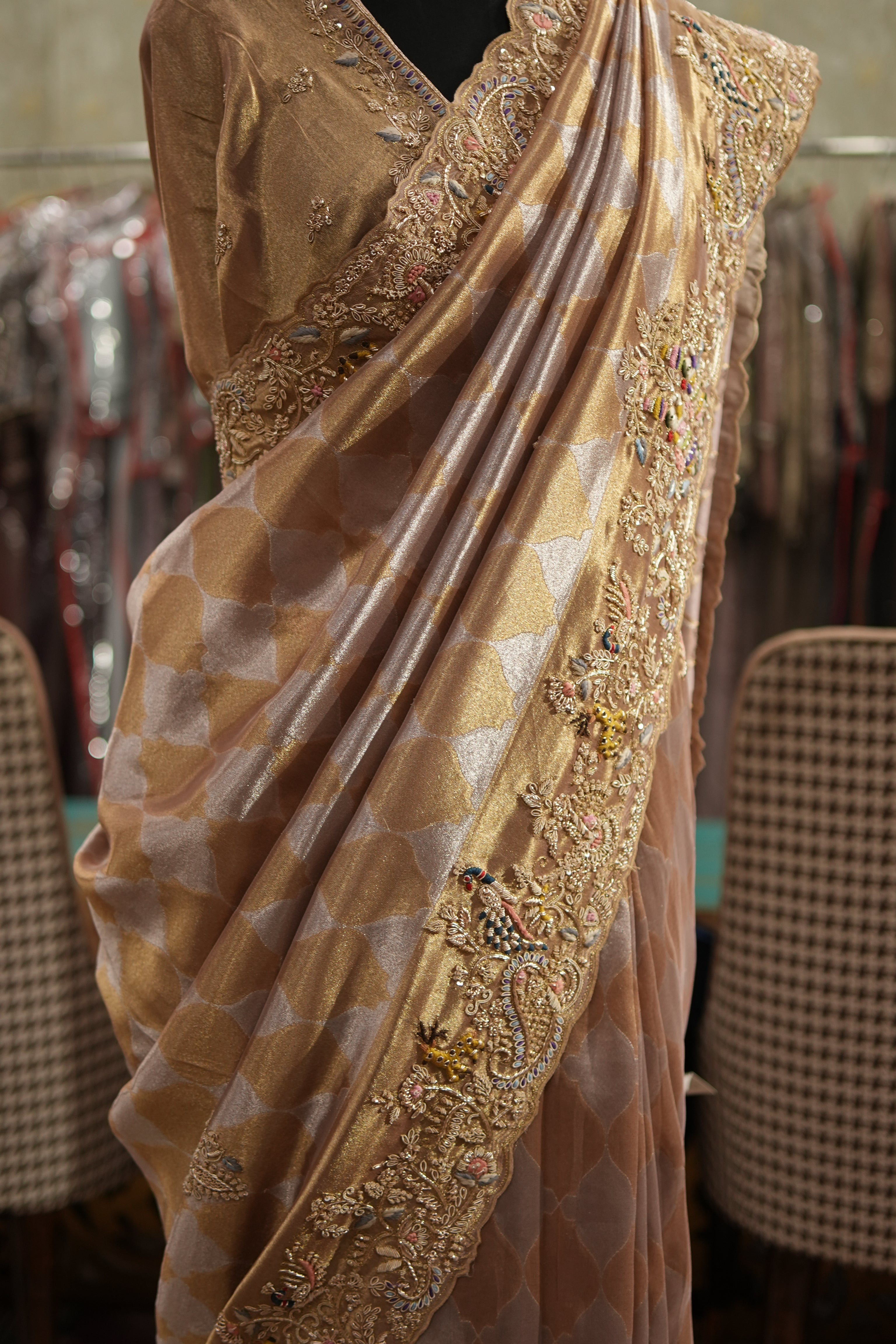 Champagne Beige Hand-Embroidered Tissue Saree Set