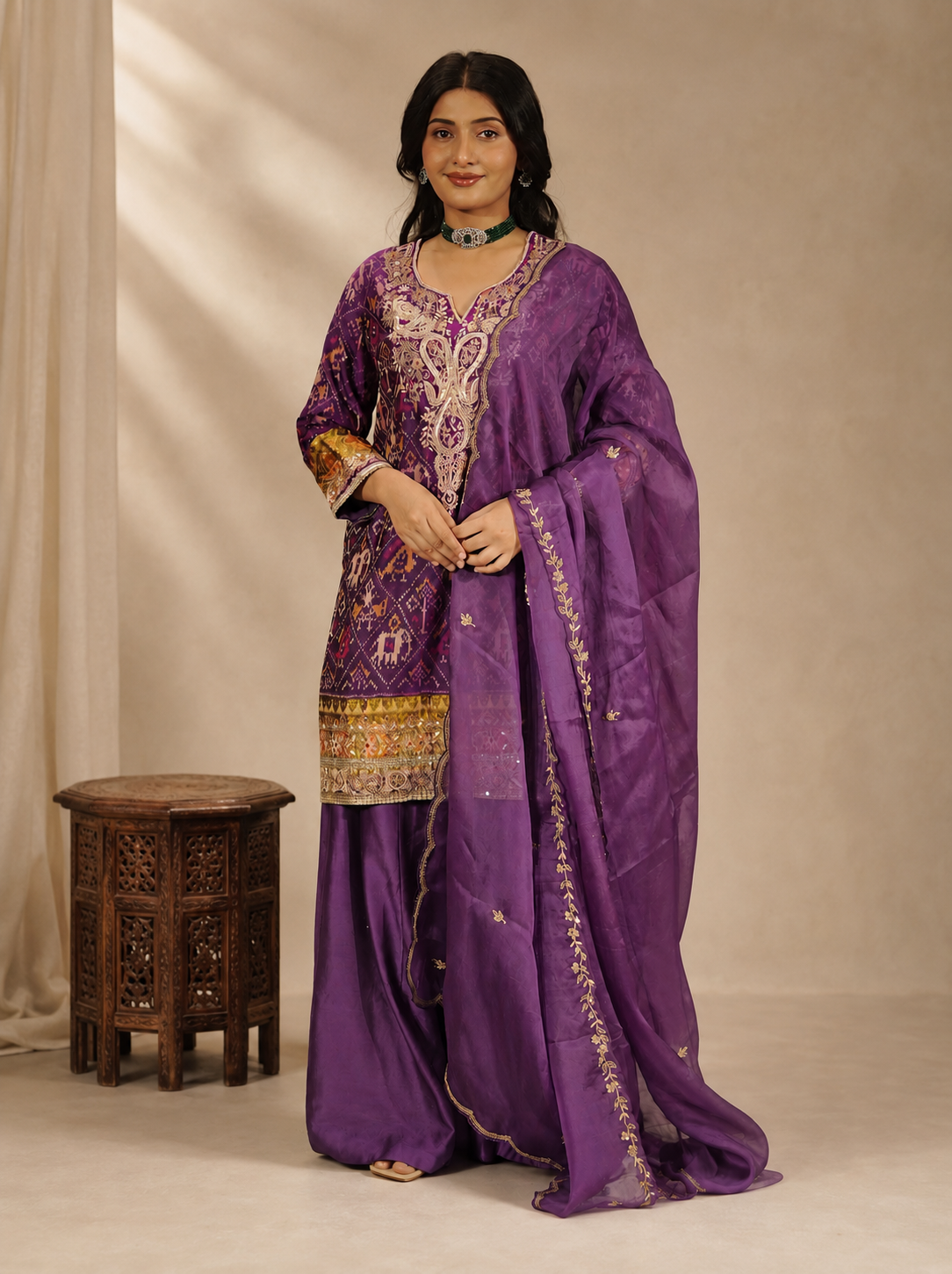 Royal Purple Pure Ikkat Embroidered Suit Set
