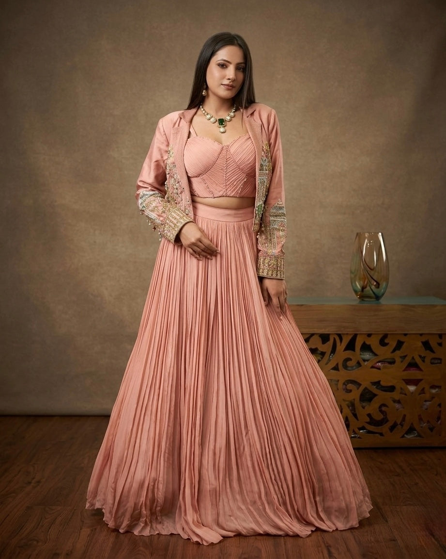Blush Pink Handcrafted Indo-Western Skirt Set with Jacket