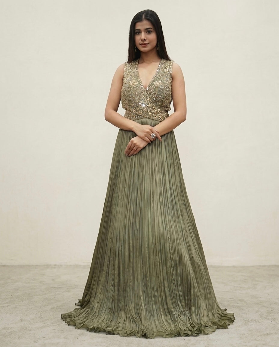 Olive Gold Indo Western Gown Set