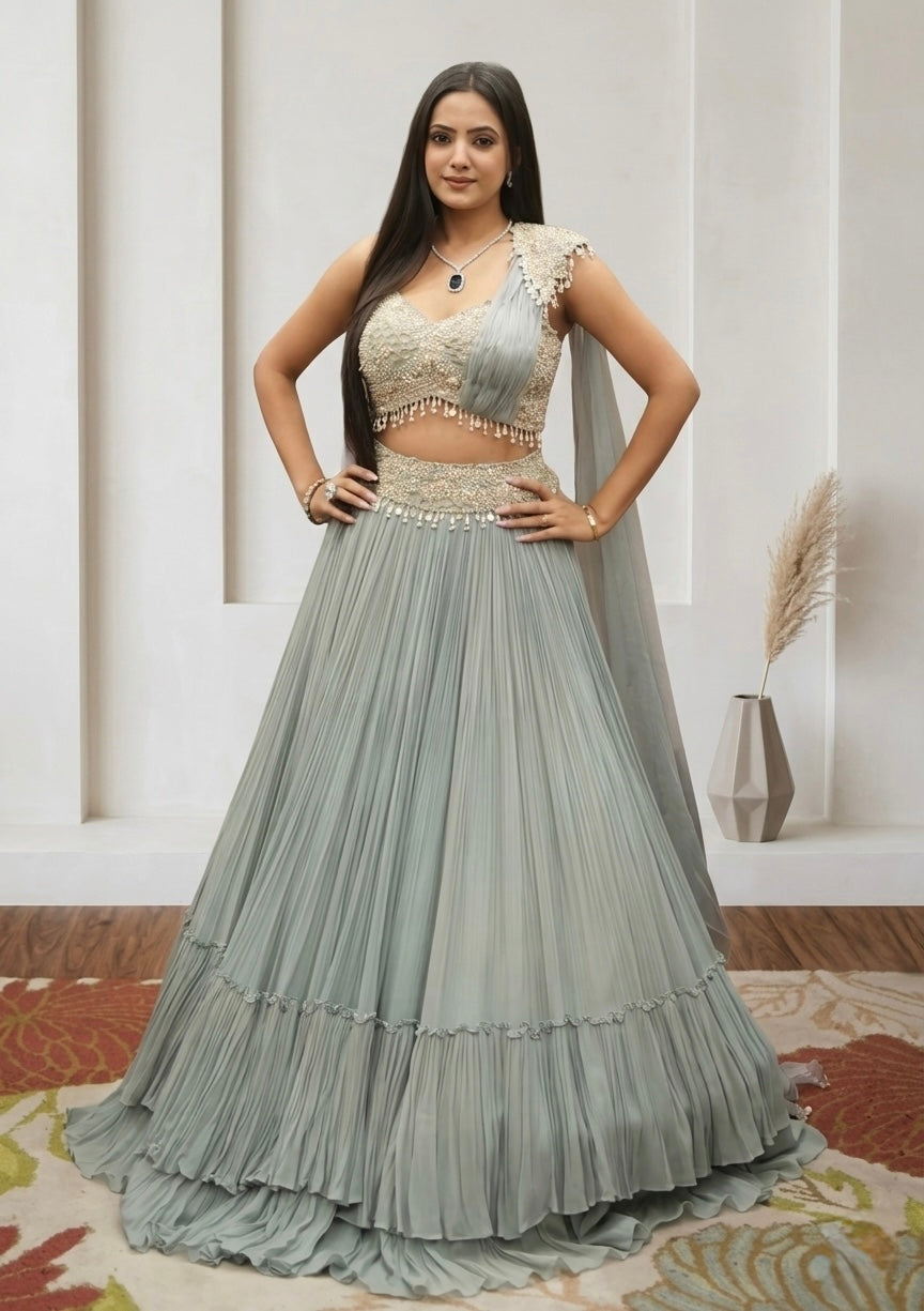 Sage Blue Handcrafted Draped Indo-Western Skirt Set