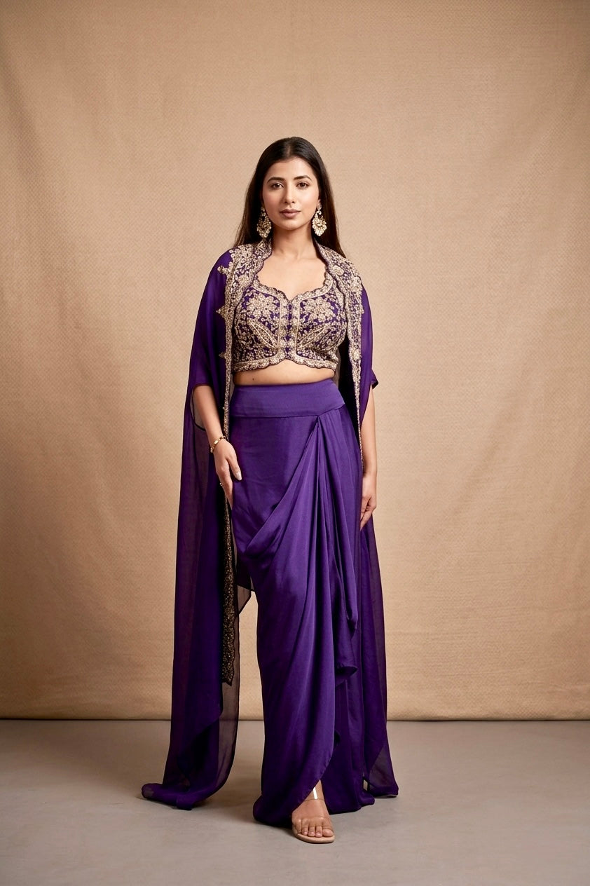 Silk Zari Embroidered Cape Set – Royal Purple