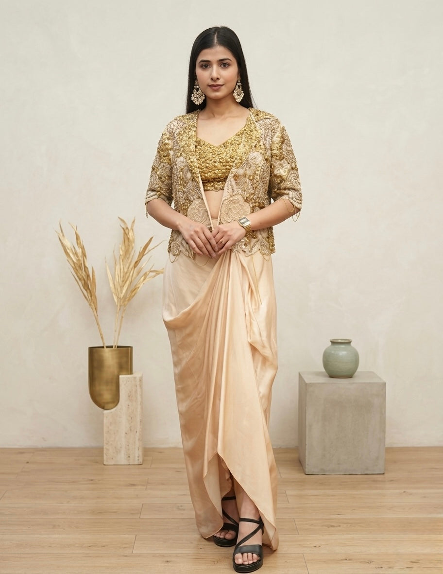Ivory Gold Drape Indo-Western Set