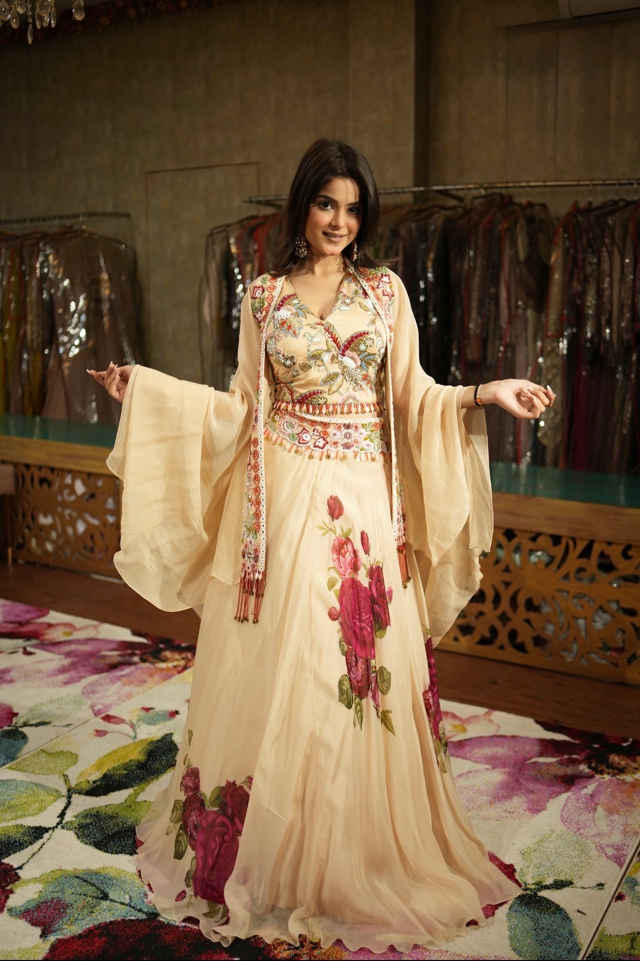 Ivory Bloom Floral Set with Cape Dupatta