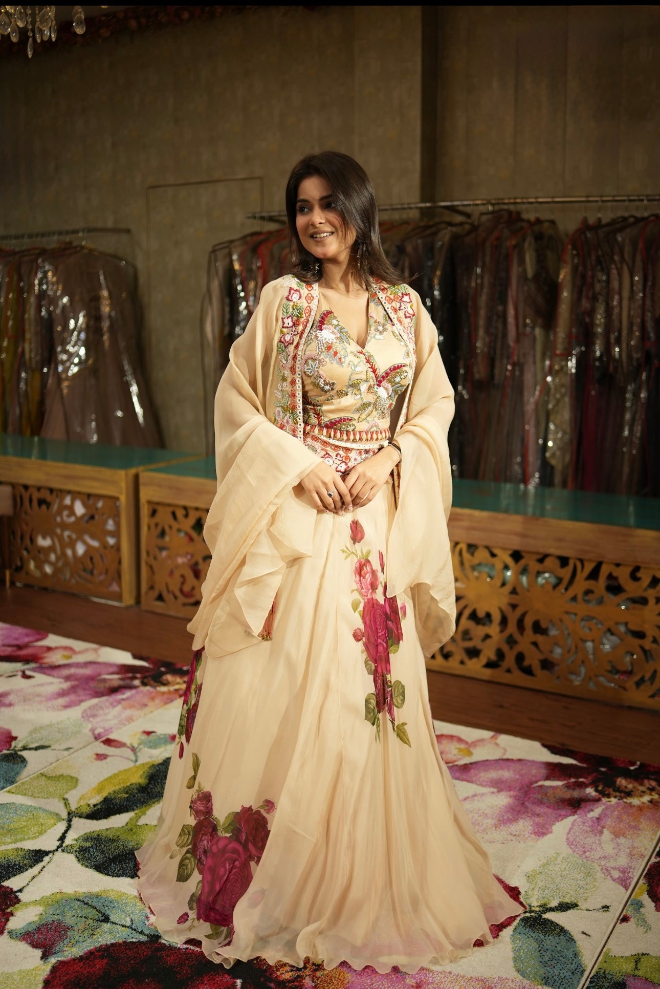 Ivory Bloom Floral Set with Cape Dupatta