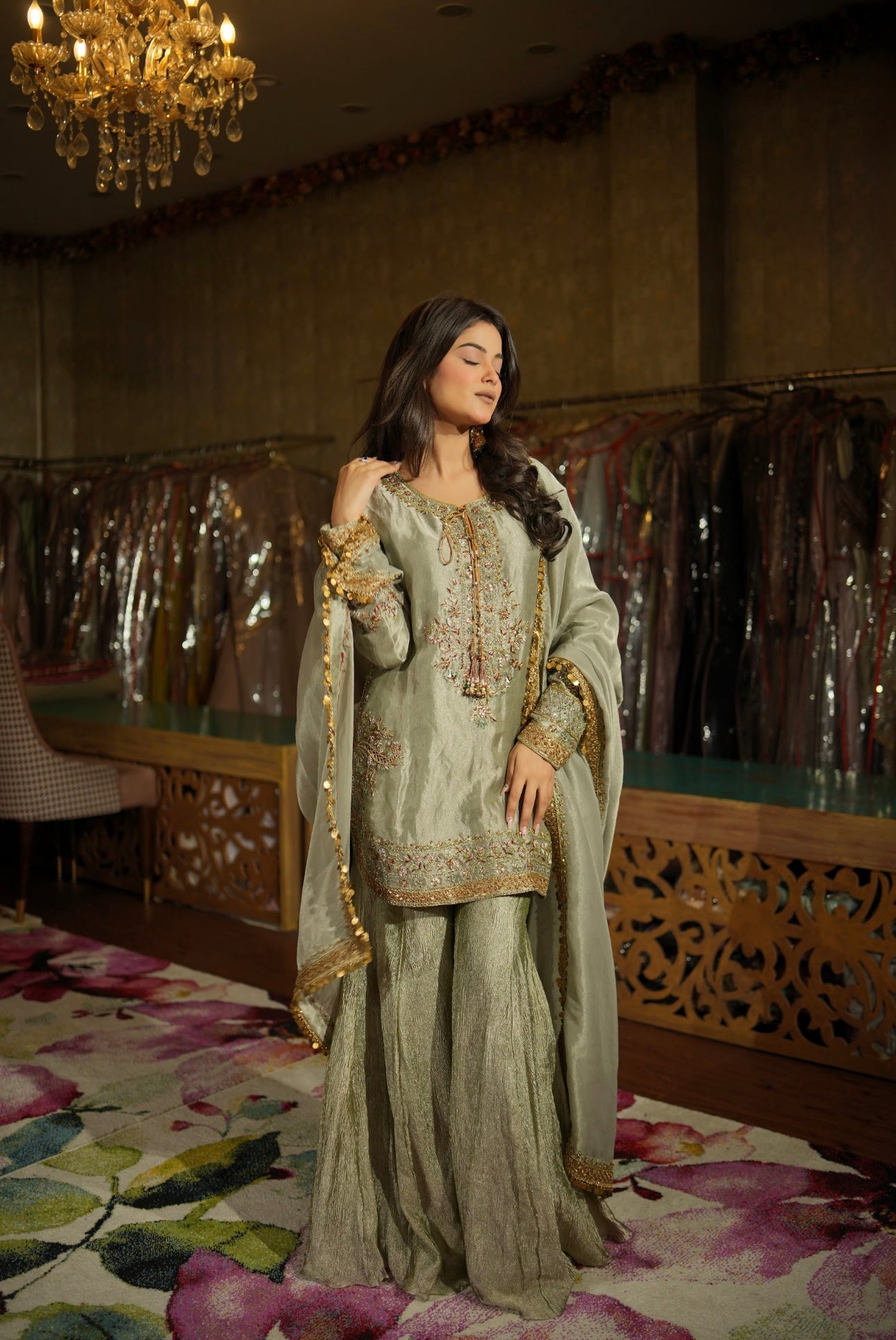 Zehra - Sage Grey Hand Embroidered Sharara Set