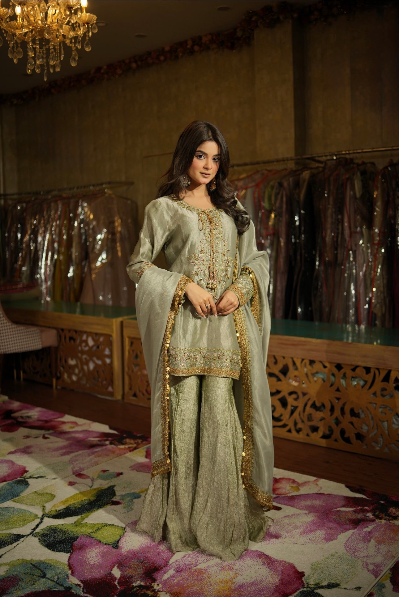 Zehra - Sage Grey Hand Embroidered Sharara Set