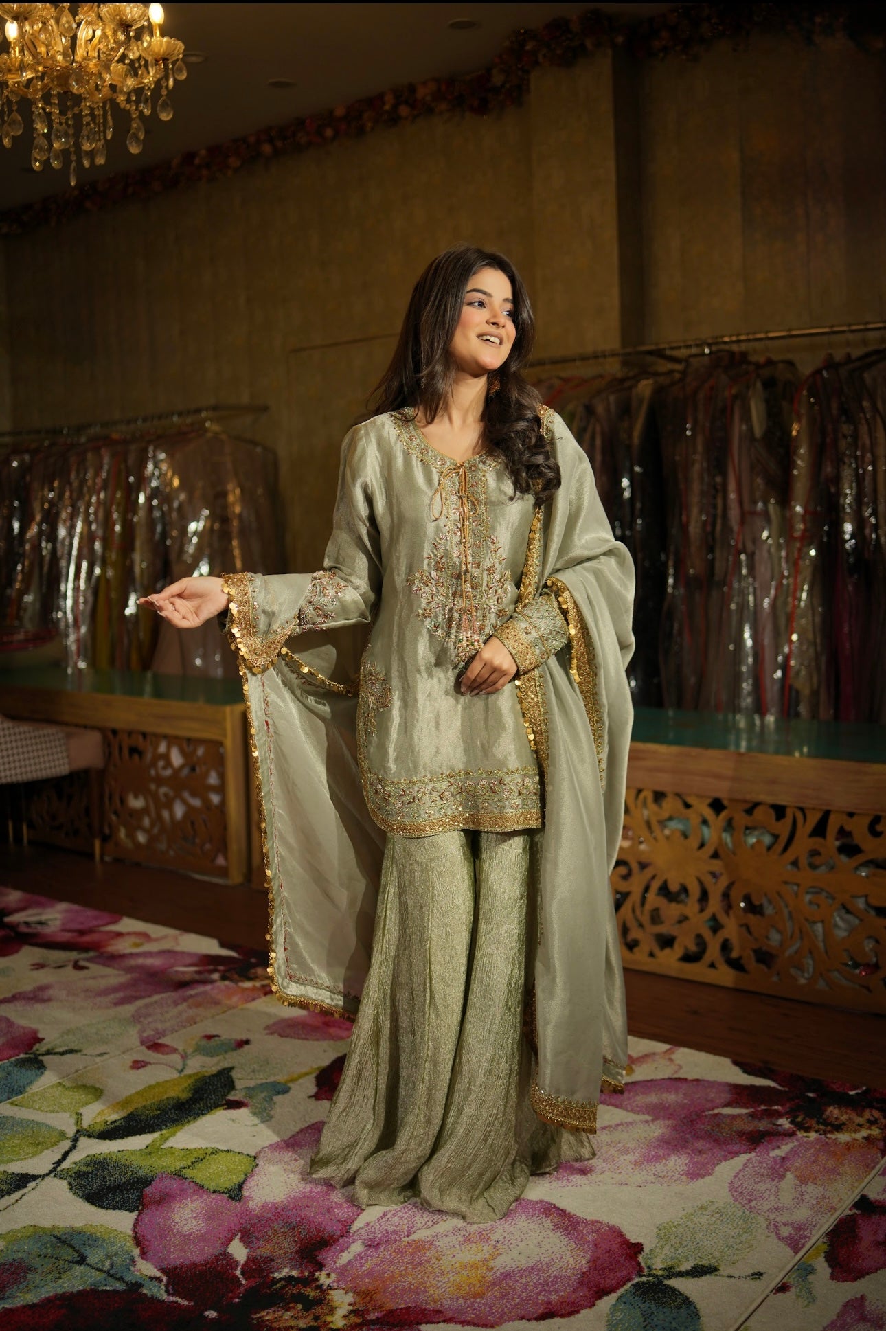 Zehra - Sage Grey Hand Embroidered Sharara Set