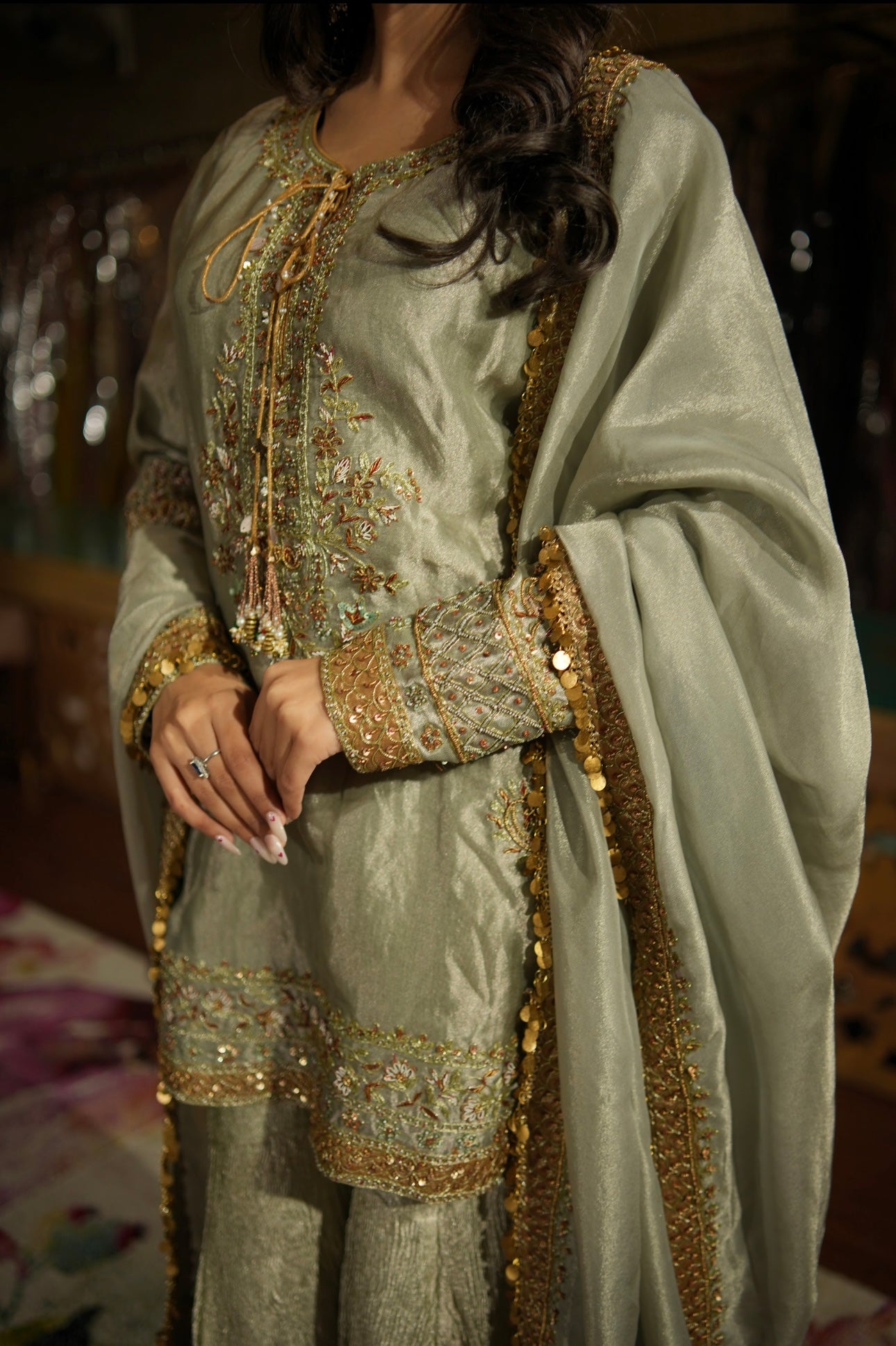 Zehra - Sage Grey Hand Embroidered Sharara Set