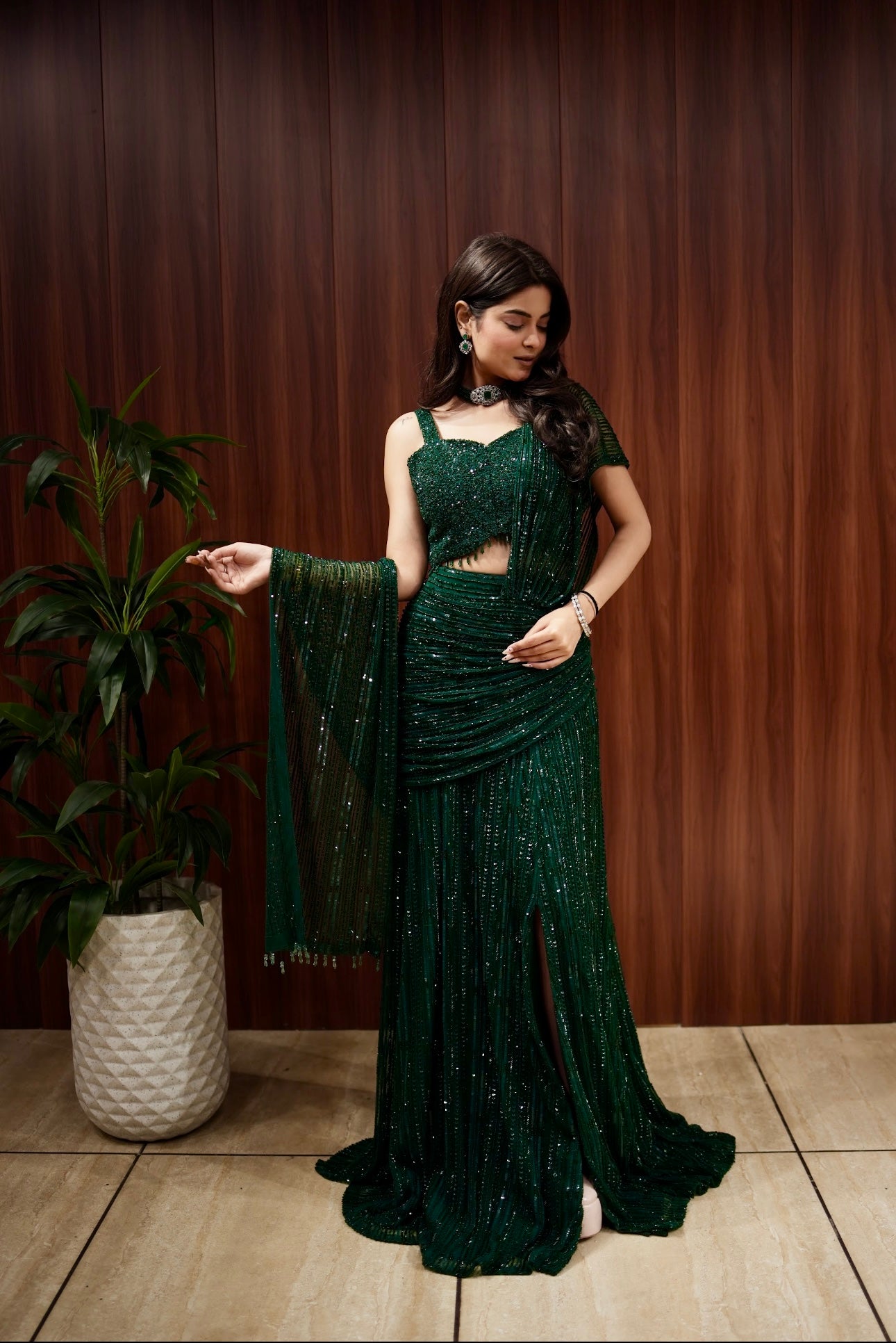 Emerald Eclipse Hand Embellished Pre-Draped Saree Set