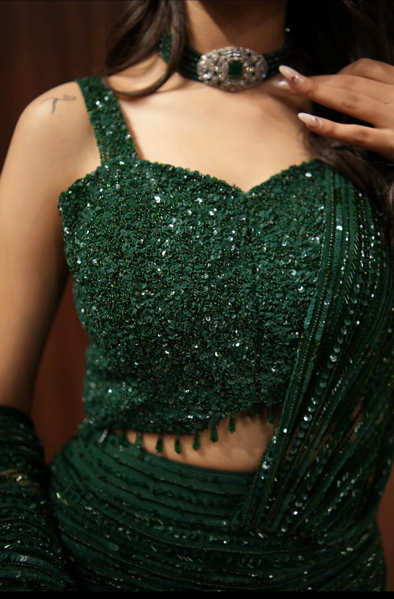 Emerald Eclipse Hand Embellished Pre-Draped Saree Set