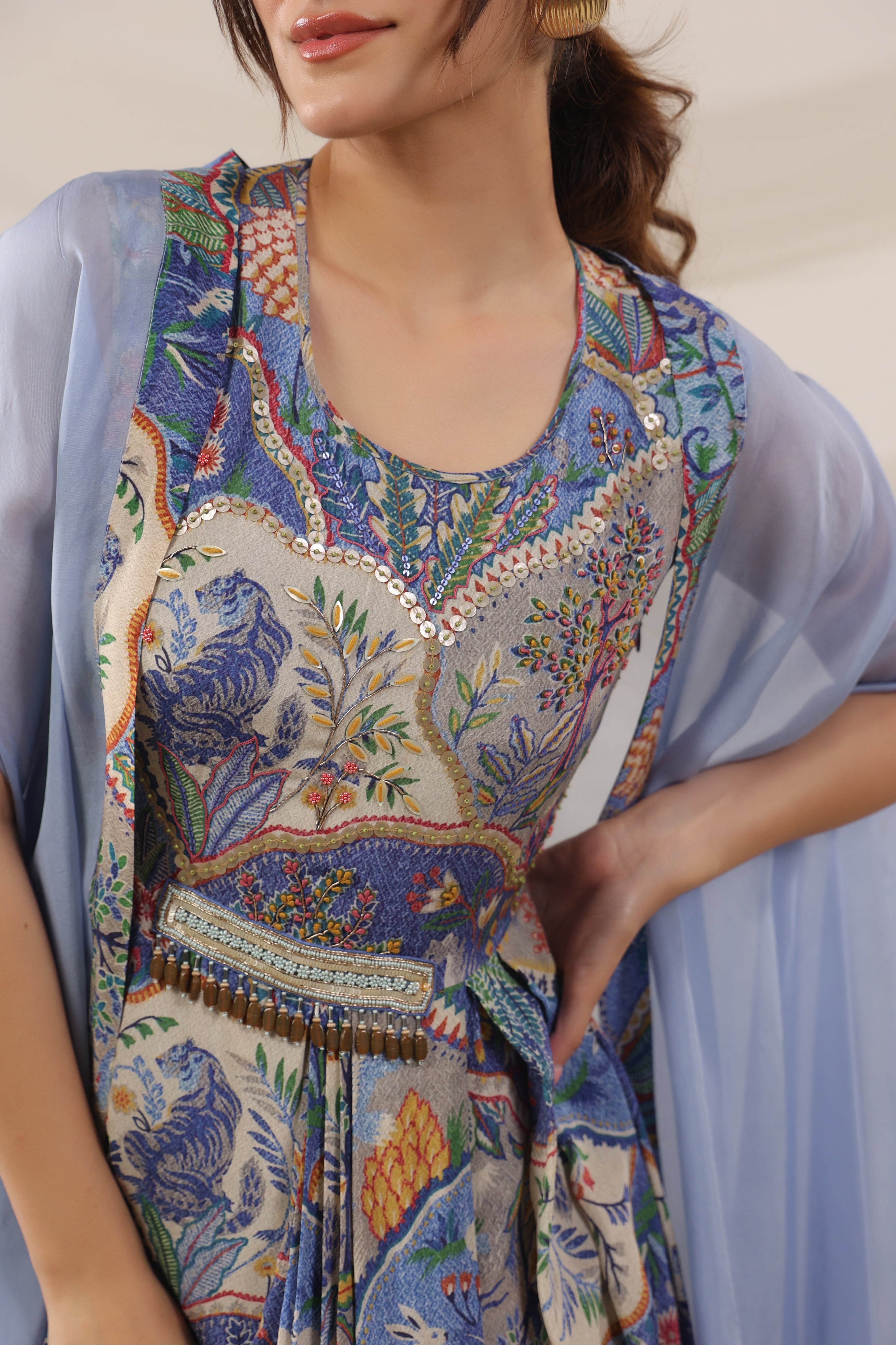 Sky Blue Draped ethnic Printed Crepe Silk Cape Gown