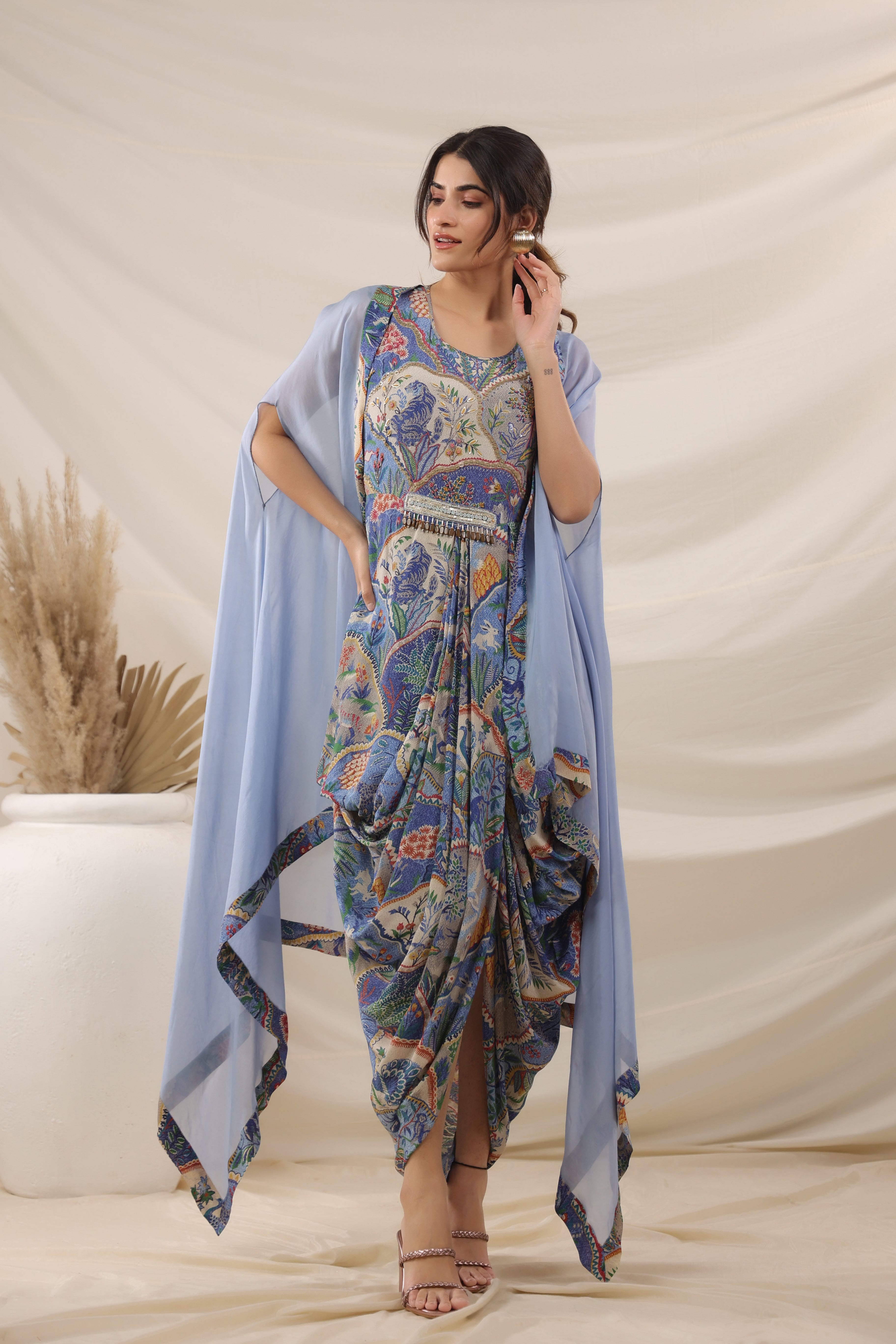 Sky Blue Draped ethnic Printed Crepe Silk Cape Gown